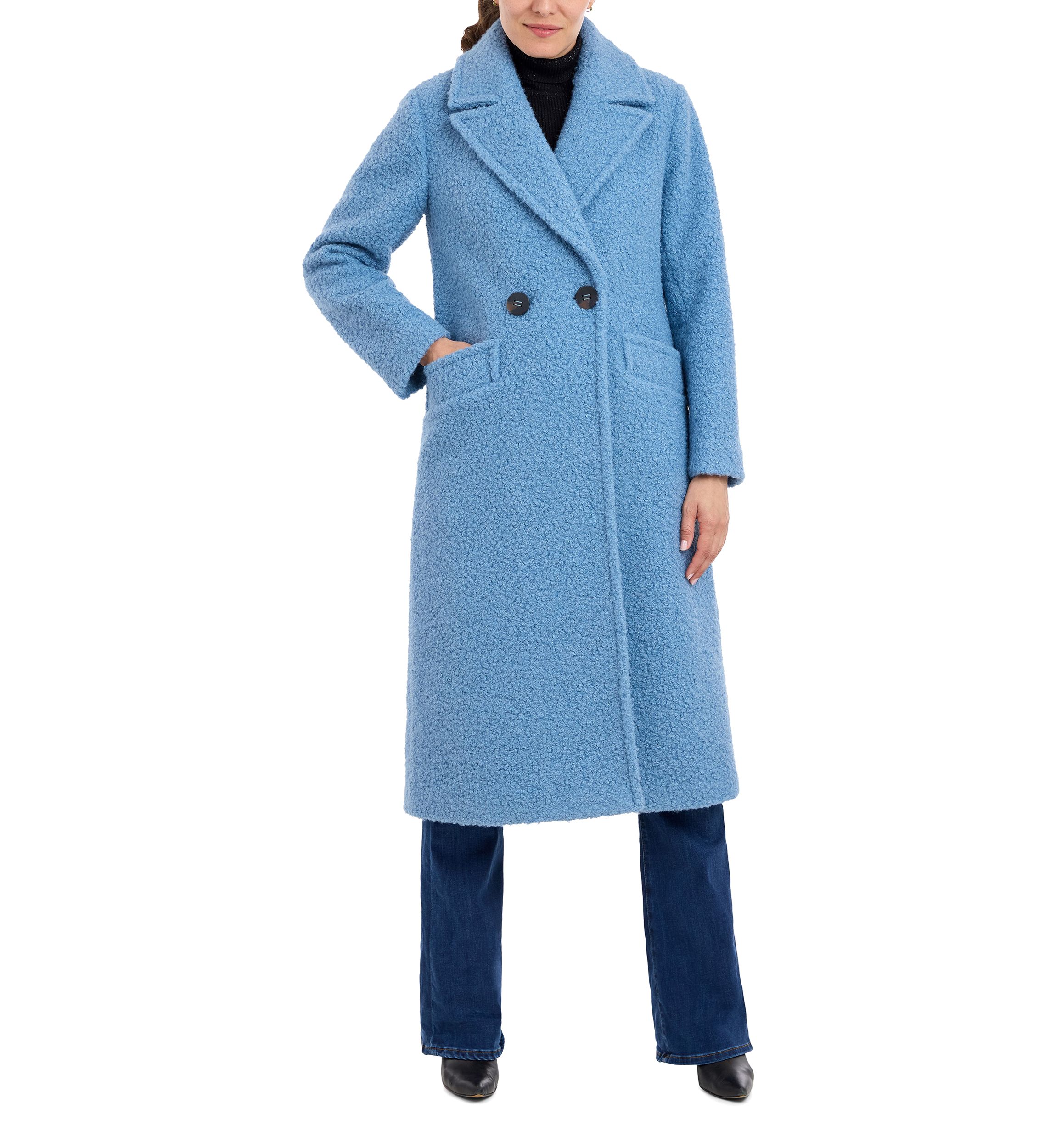 Womens 2 Button Long Wool Boucle Coat
