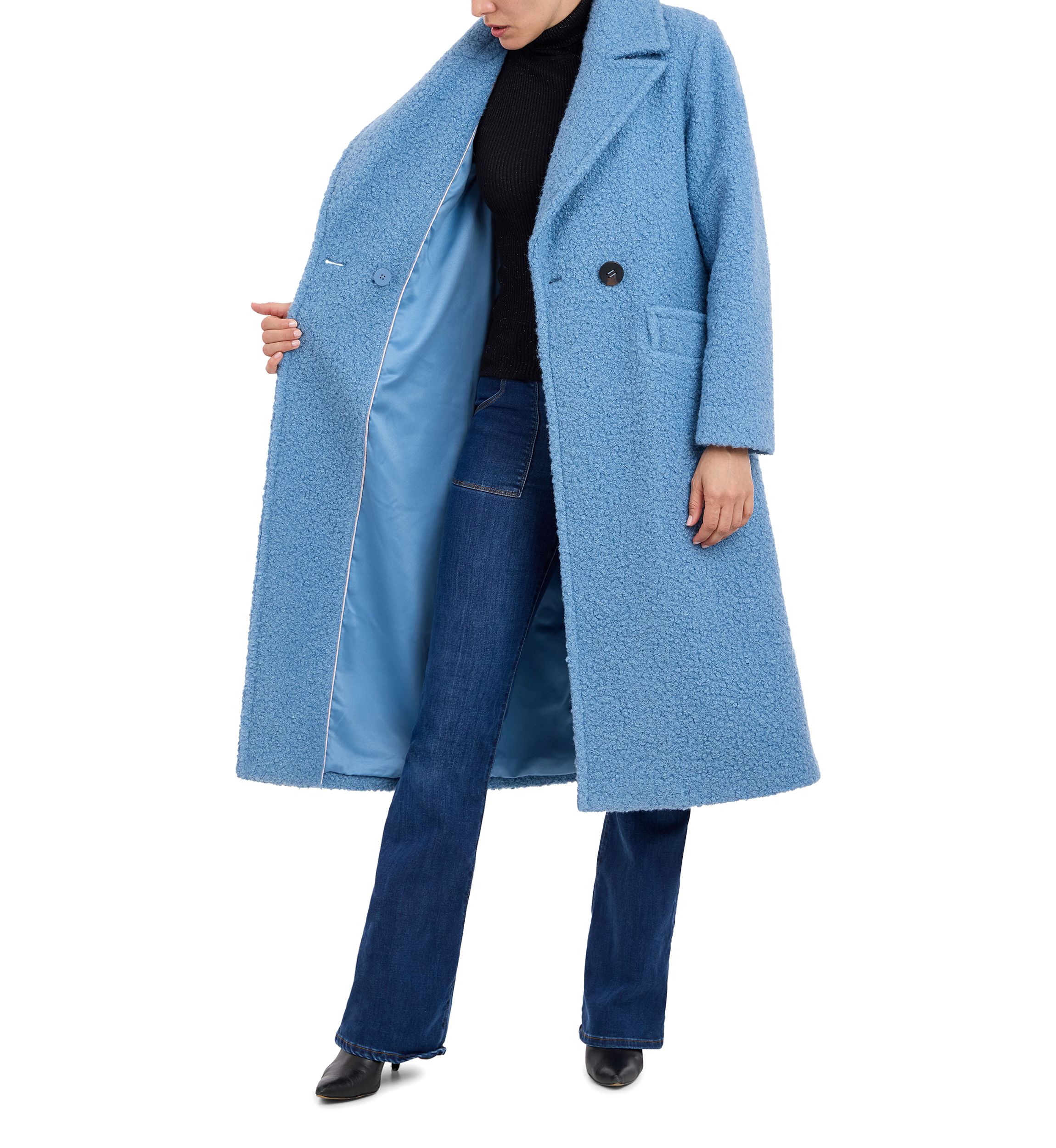 Womens 2 Button Long Wool Boucle Coat