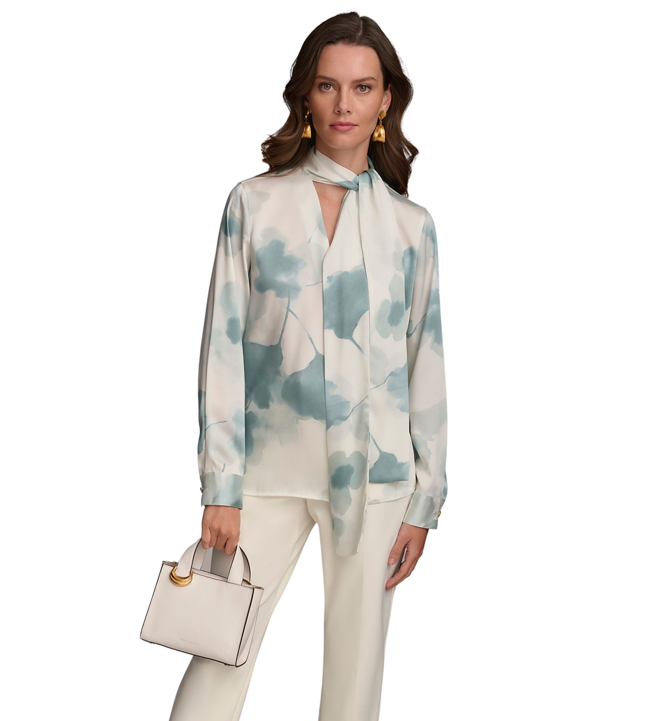 Womens Printed Long Sleeve Tie Neck Blouse