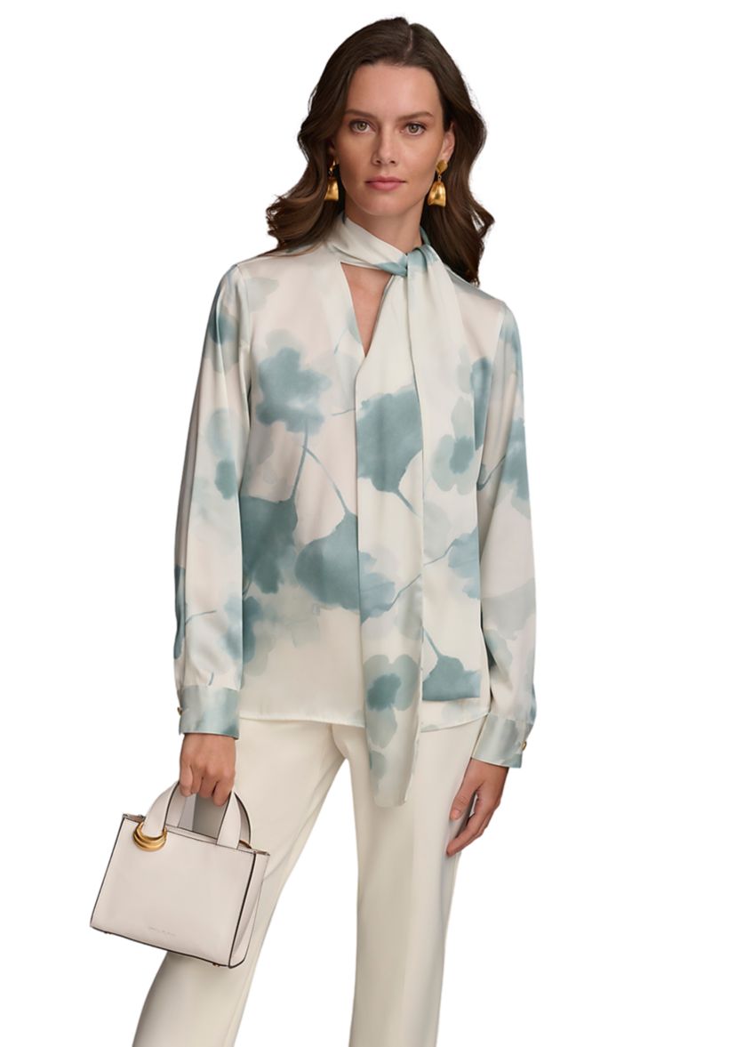Womens Printed Long Sleeve Tie Neck Blouse