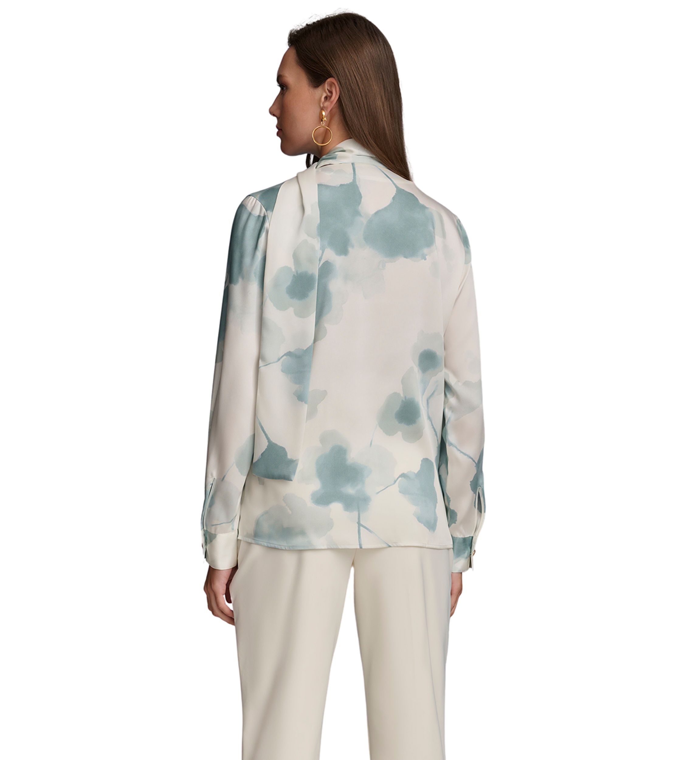 Womens Printed Long Sleeve Tie Neck Blouse
