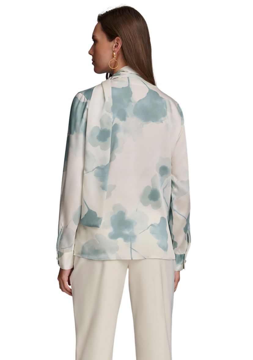 Womens Printed Long Sleeve Tie Neck Blouse