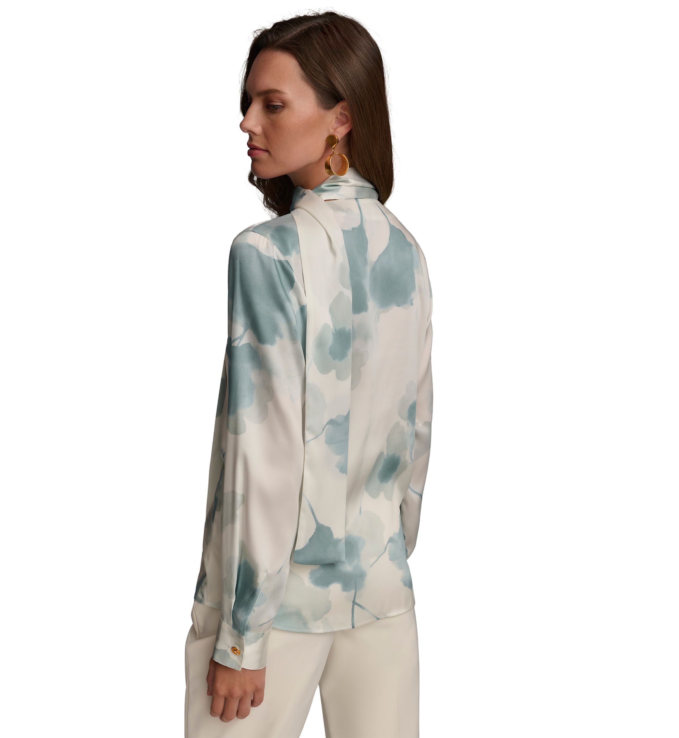 Womens Printed Long Sleeve Tie Neck Blouse