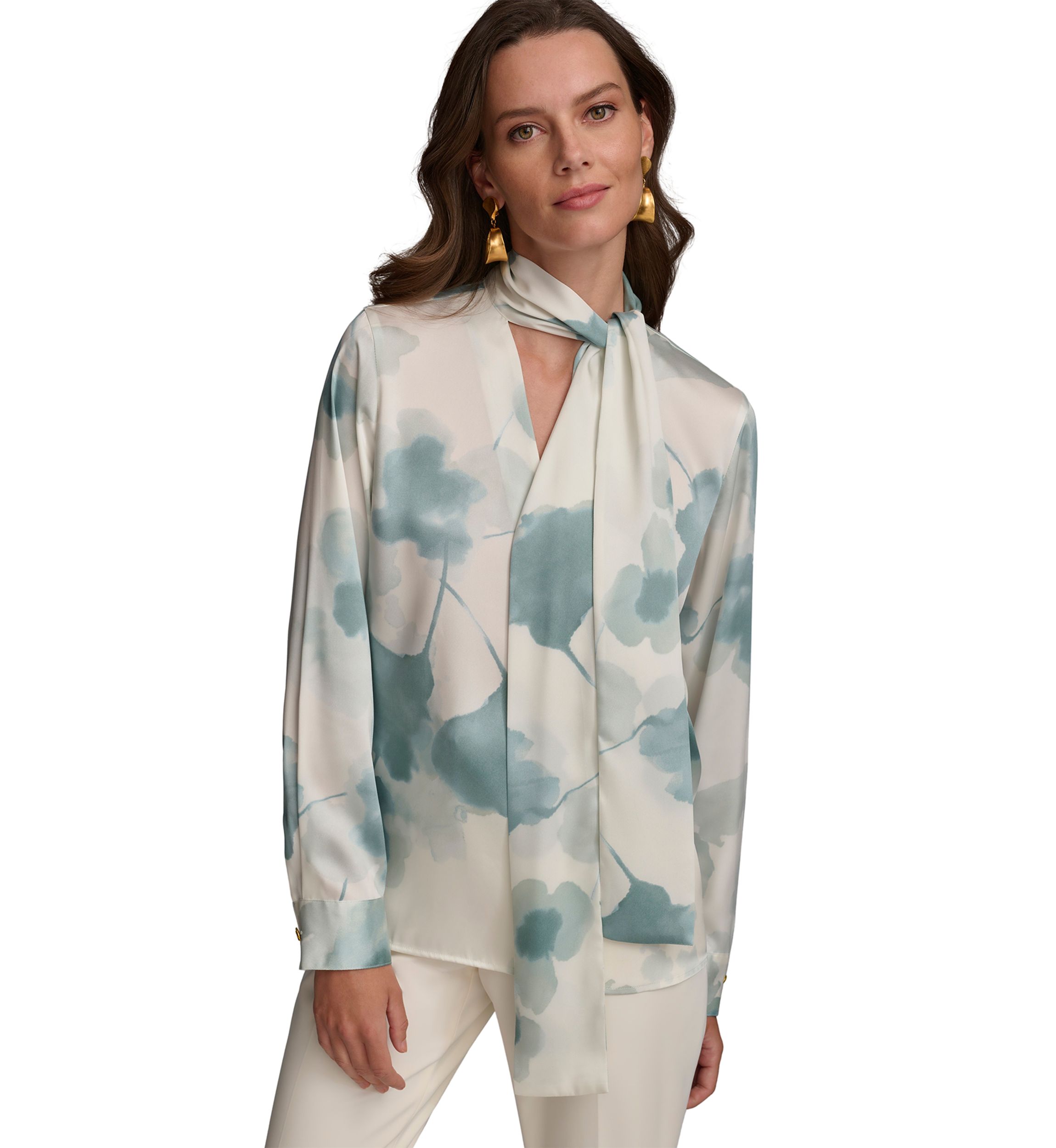 Womens Printed Long Sleeve Tie Neck Blouse