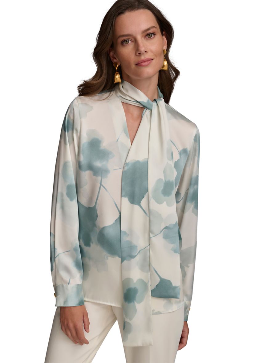Womens Printed Long Sleeve Tie Neck Blouse