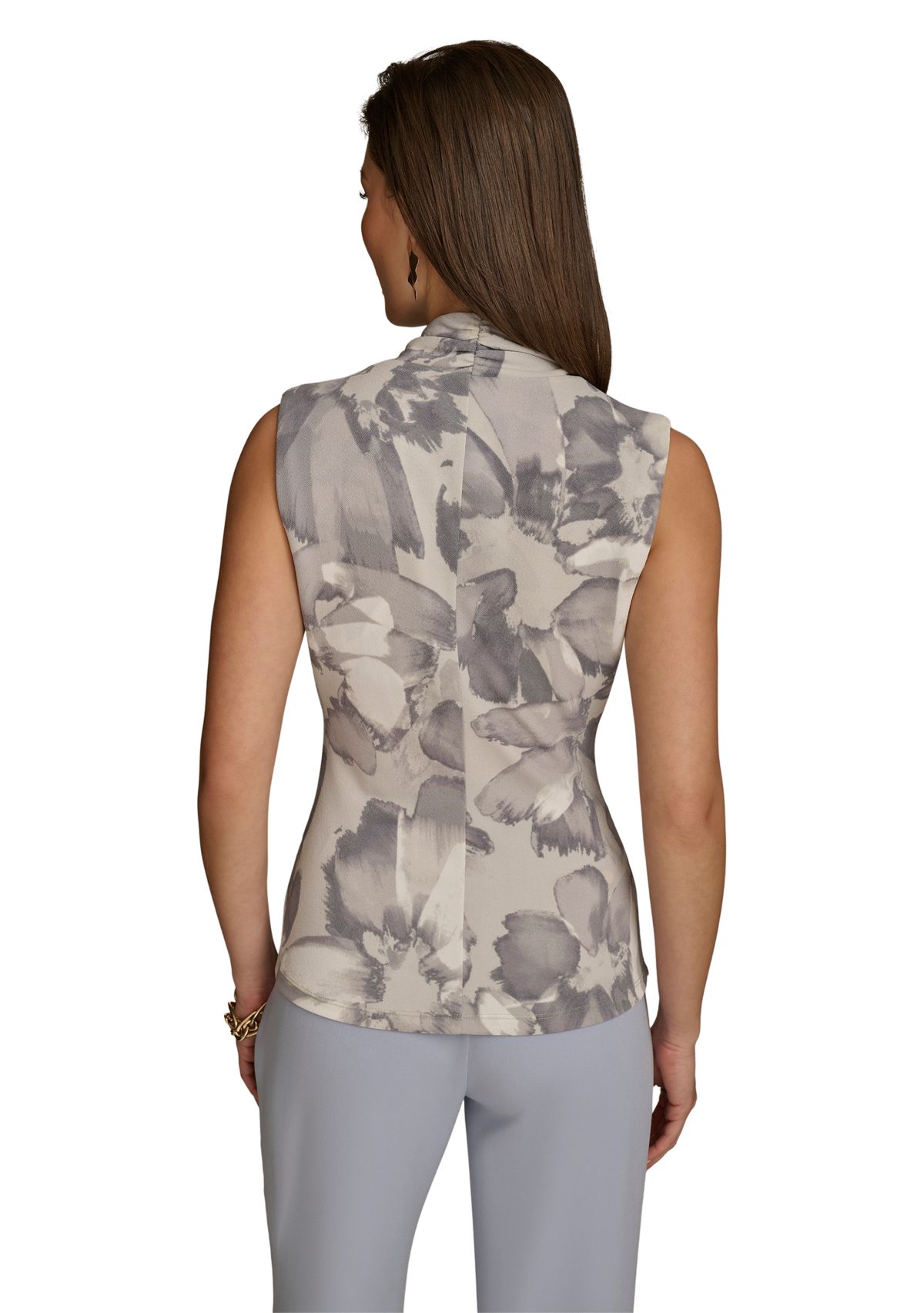 Womens Sleeveless V-Neck Floral Faux Wrap Blouse