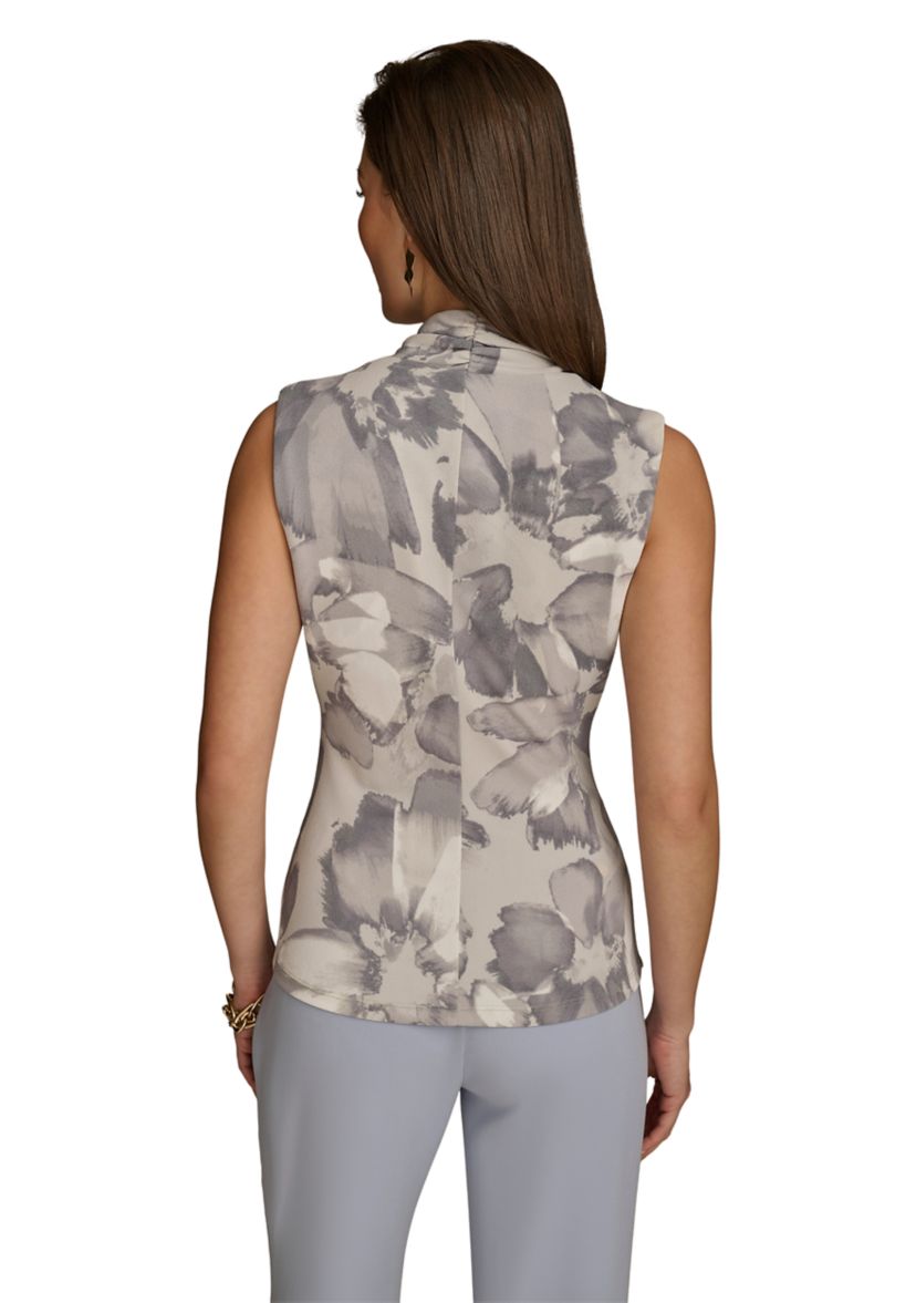Womens Sleeveless V-Neck Floral Faux Wrap Blouse