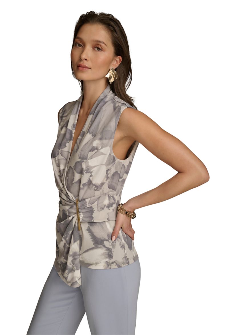 Womens Sleeveless V-Neck Floral Faux Wrap Blouse