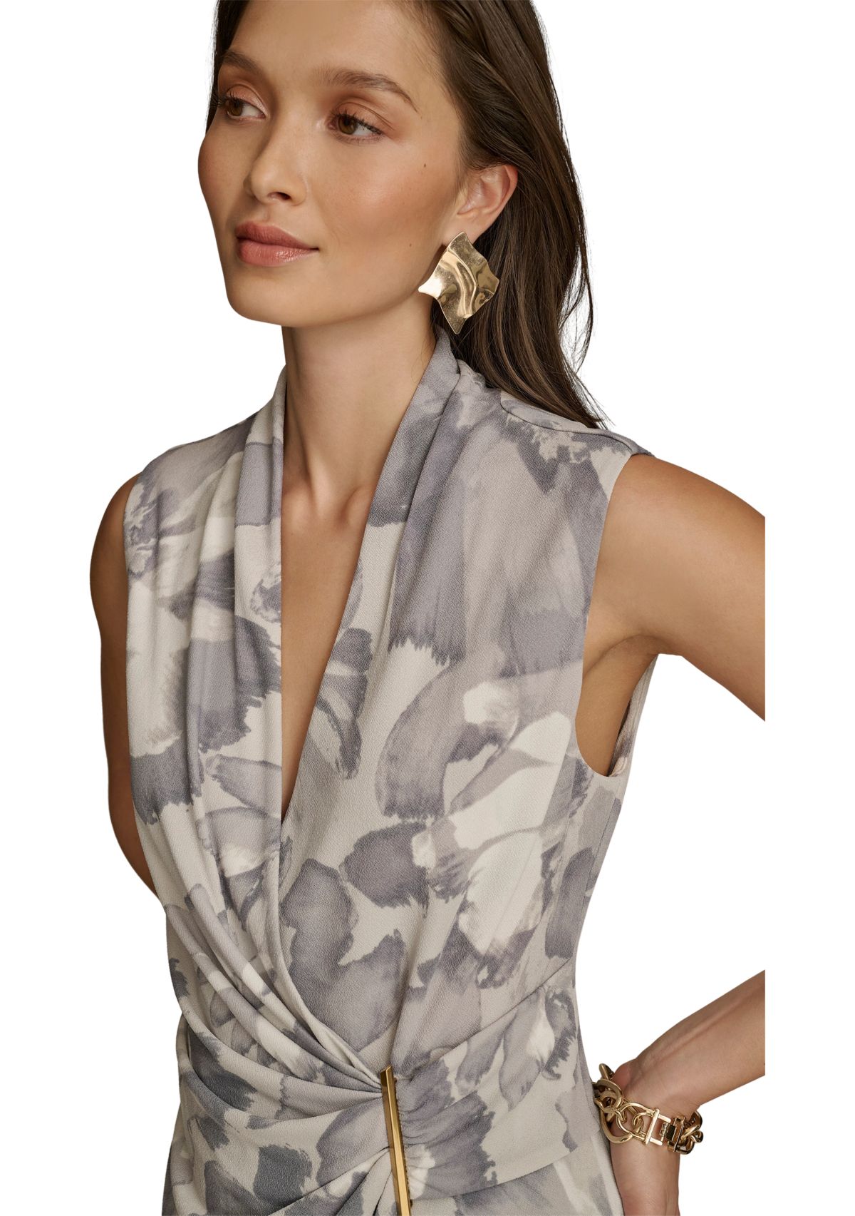 Womens Sleeveless V-Neck Floral Faux Wrap Blouse