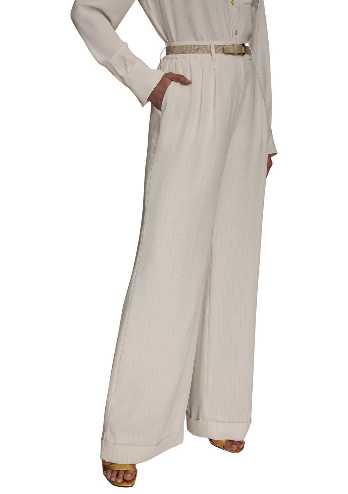 Womens Soft Suiting Full Length Wide Leg Pants with Belt