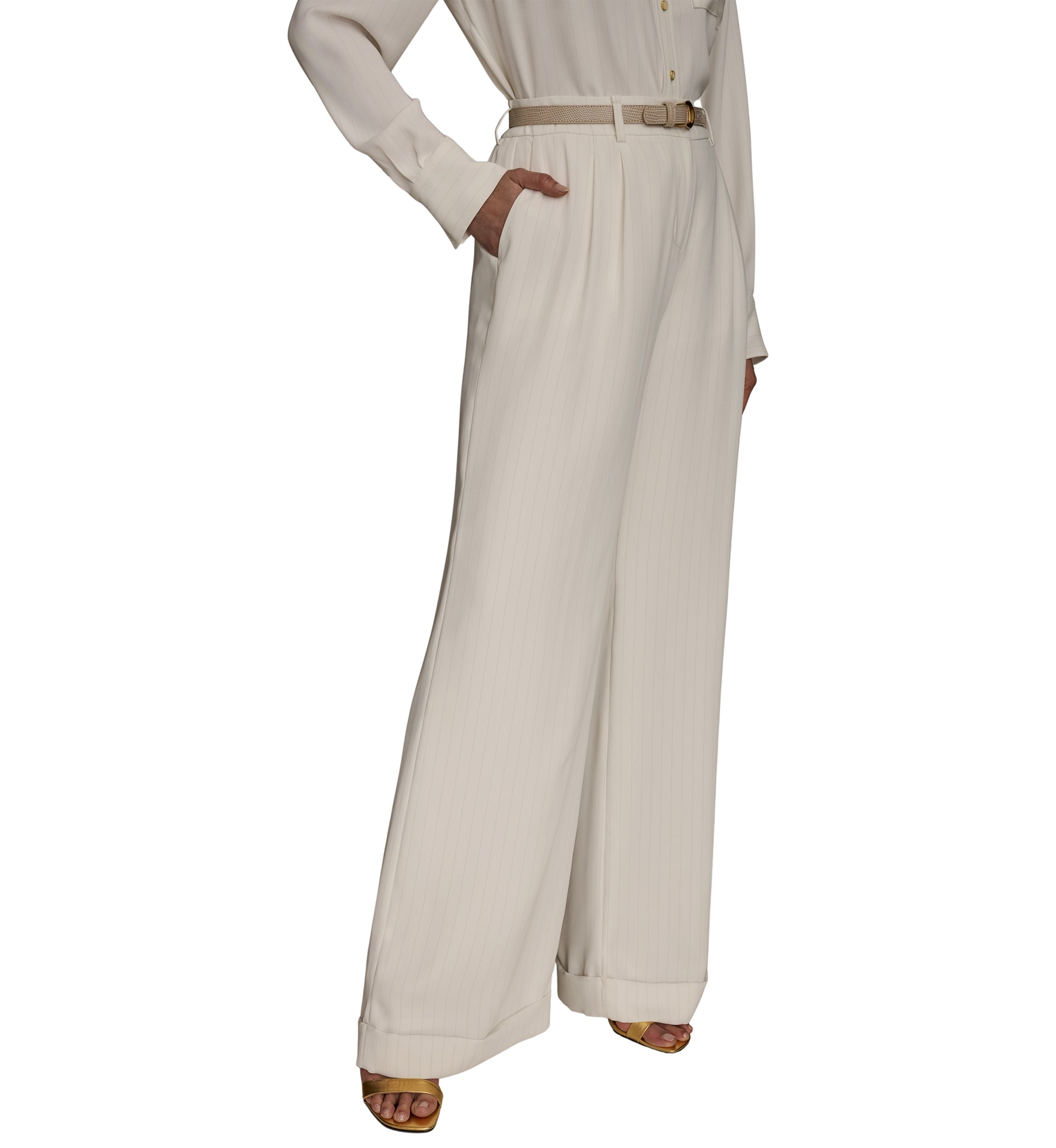 Womens Soft Suiting Full Length Wide Leg Pants with Belt
