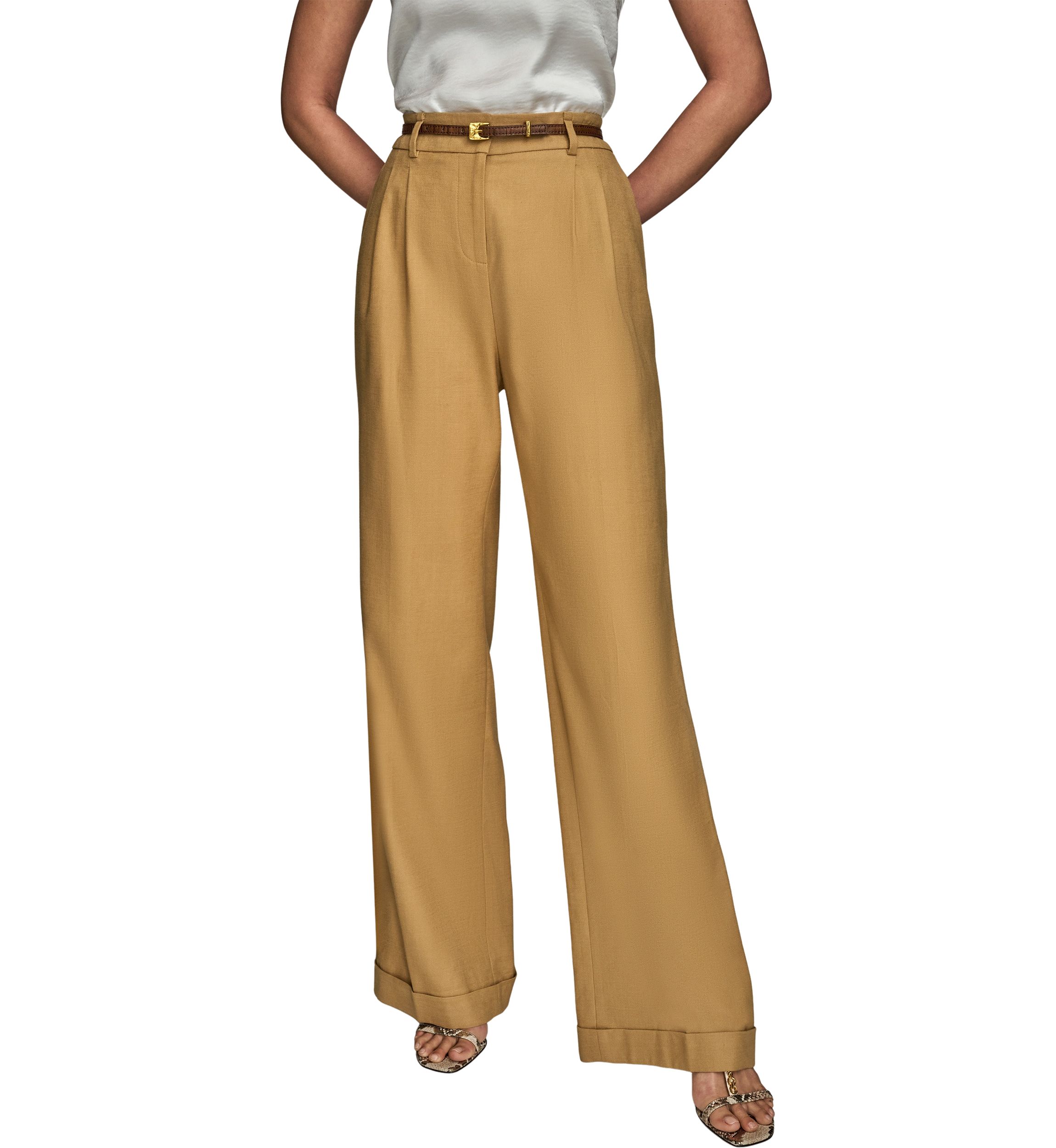 Womens Linen Full Length Wide Leg Pants with Belt