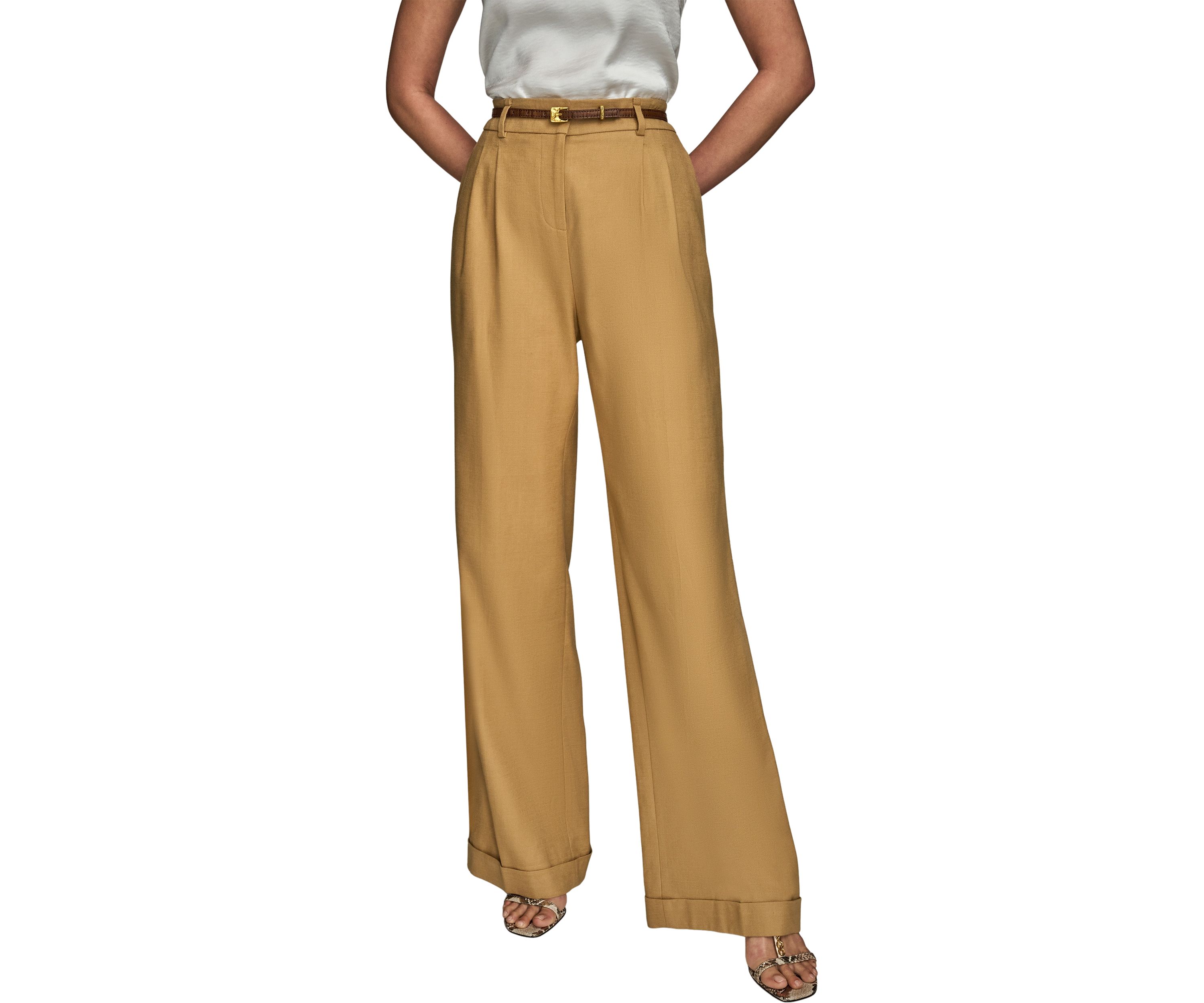 Womens Linen Full Length Wide Leg Pants with Belt