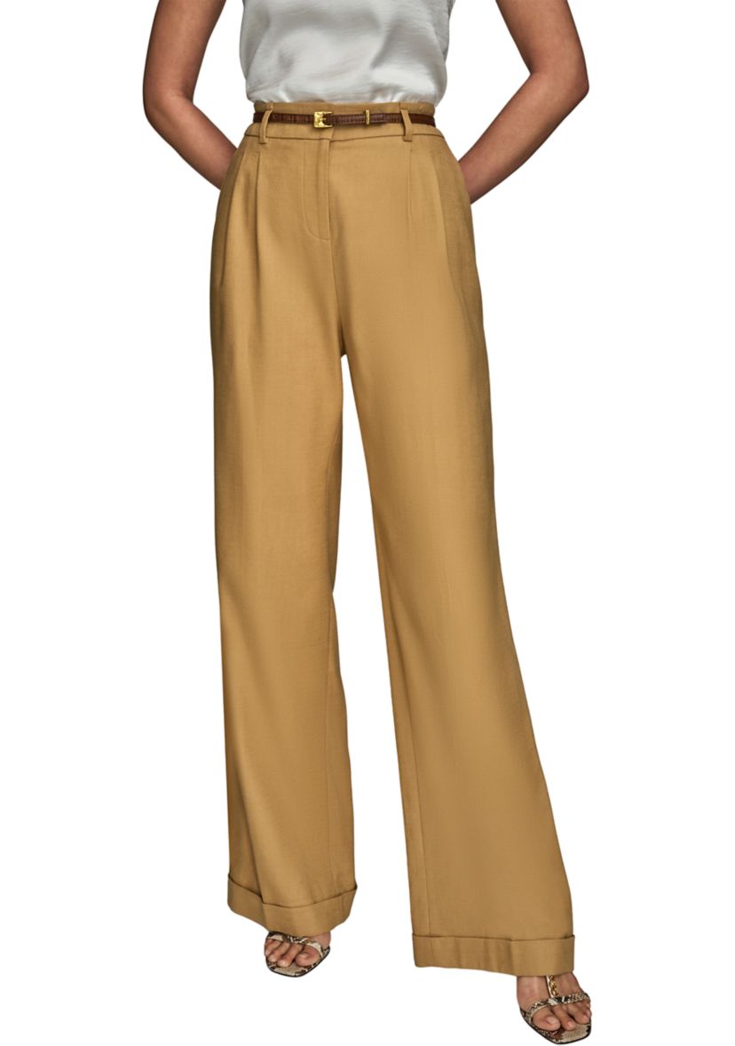 Womens Linen Full Length Wide Leg Pants with Belt