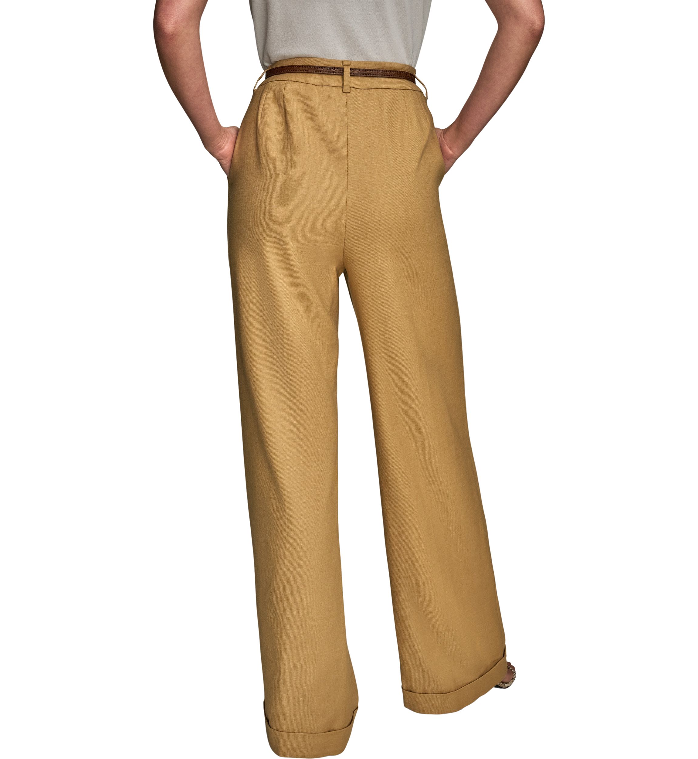 Womens Linen Full Length Wide Leg Pants with Belt