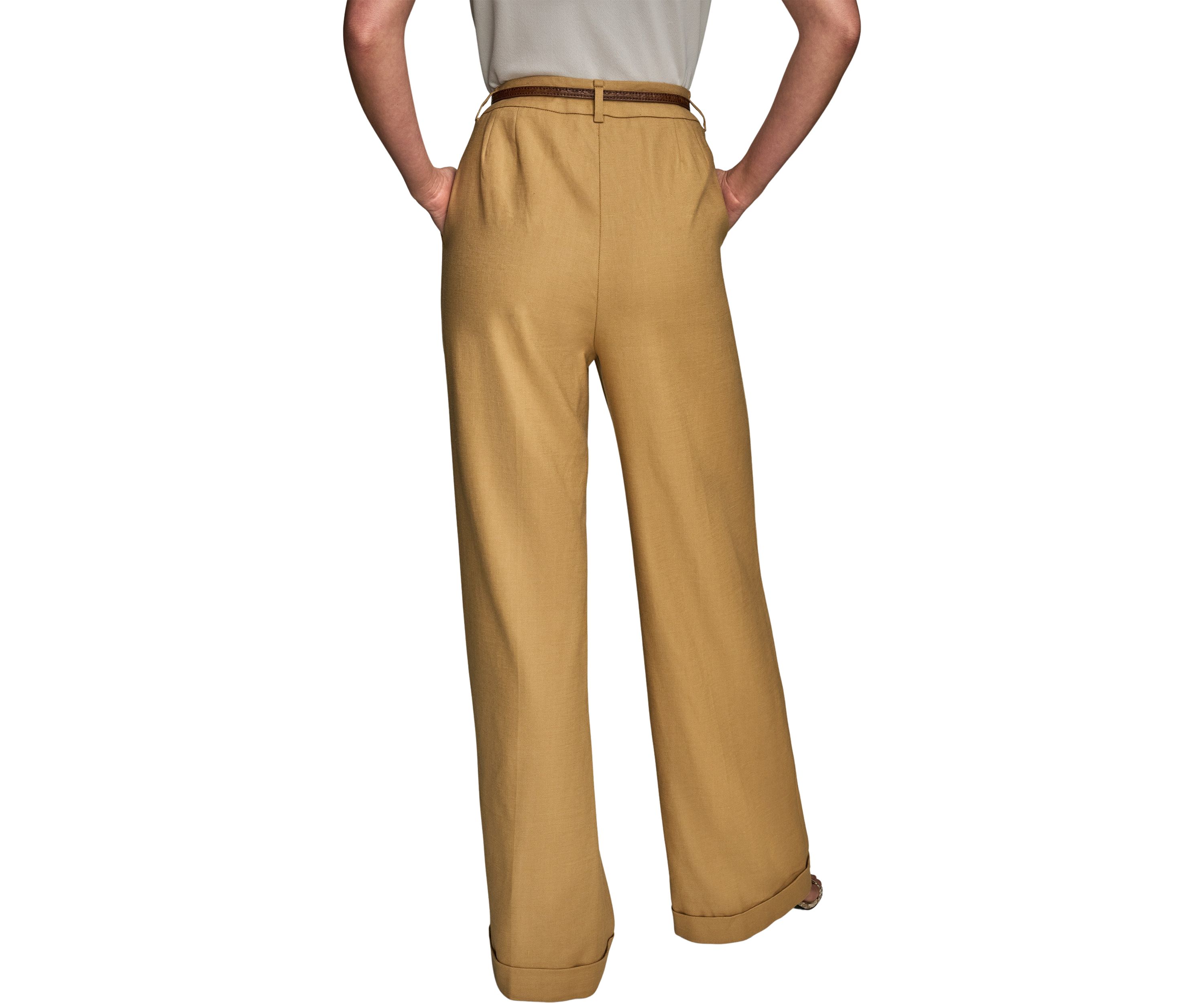 Womens Linen Full Length Wide Leg Pants with Belt
