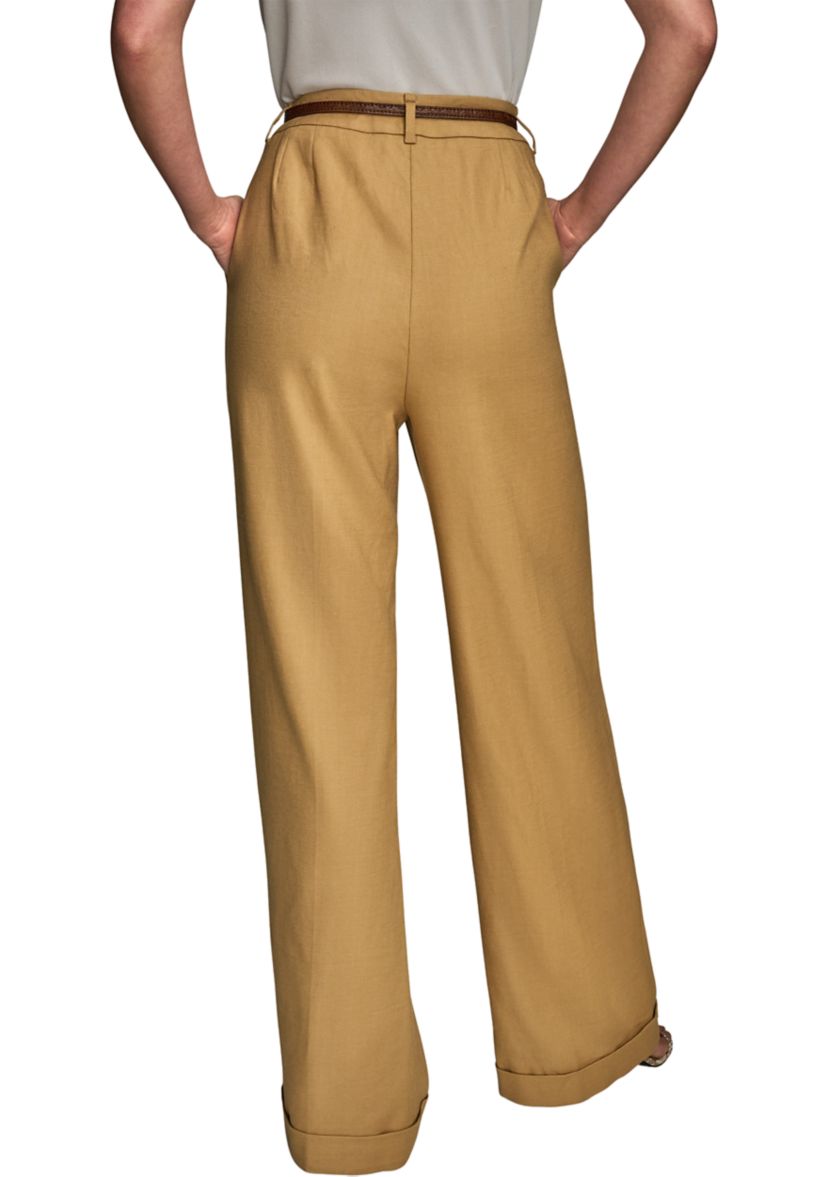 Womens Linen Full Length Wide Leg Pants with Belt
