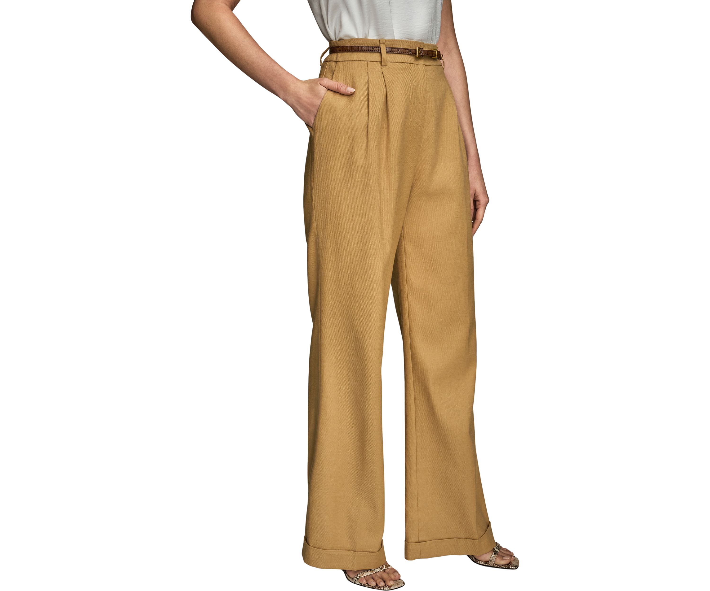 Womens Linen Full Length Wide Leg Pants with Belt
