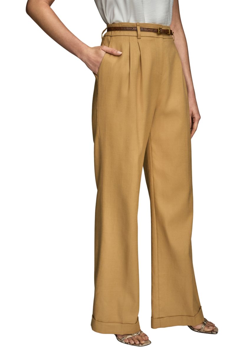 Womens Linen Full Length Wide Leg Pants with Belt
