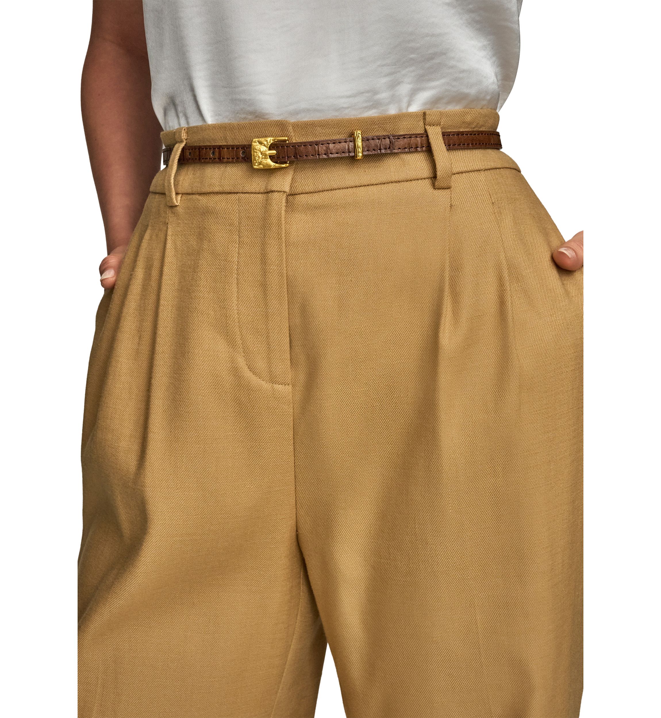 Womens Linen Full Length Wide Leg Pants with Belt
