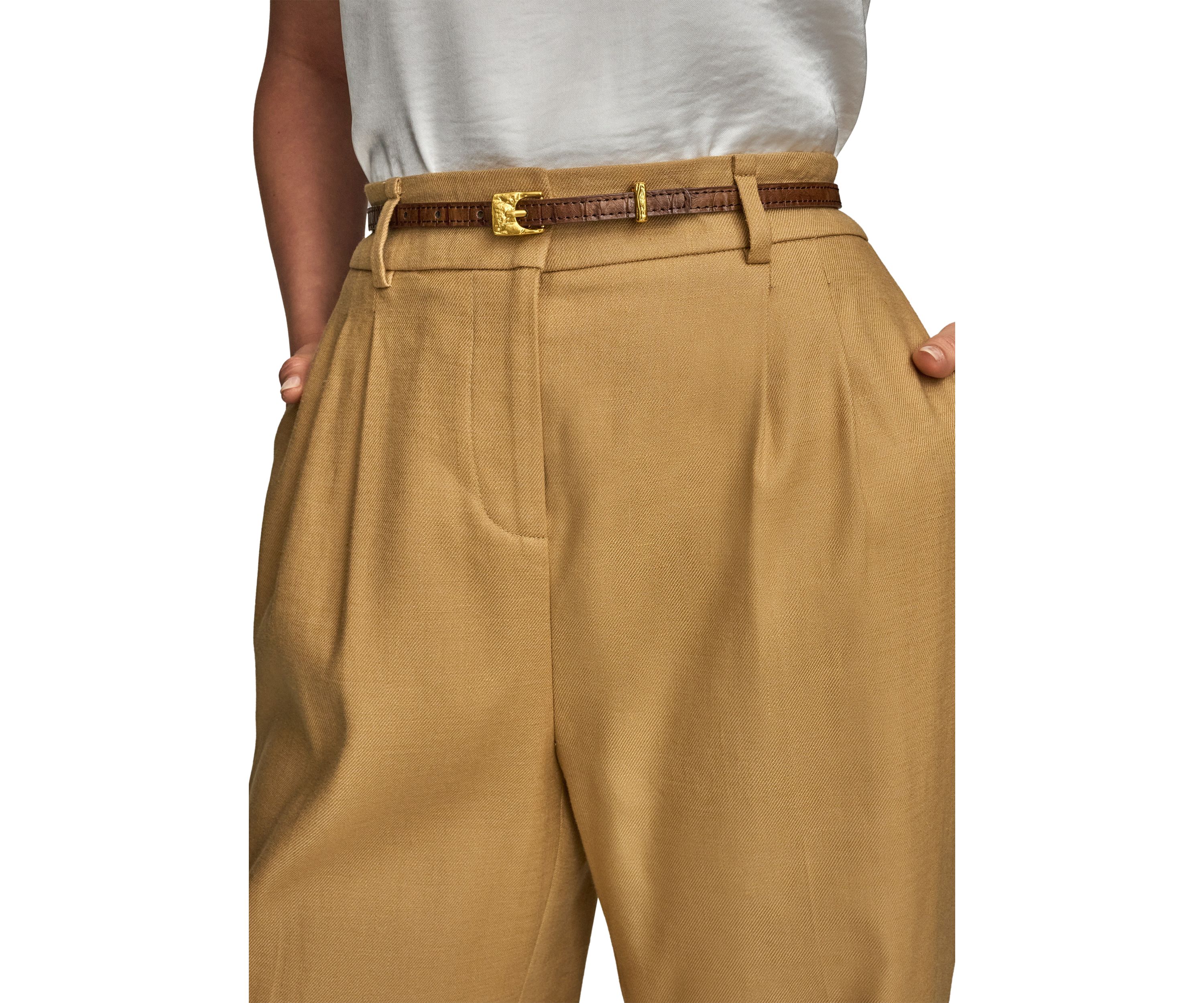 Womens Linen Full Length Wide Leg Pants with Belt