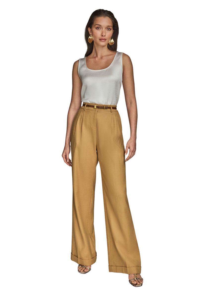 Womens Linen Full Length Wide Leg Pants with Belt