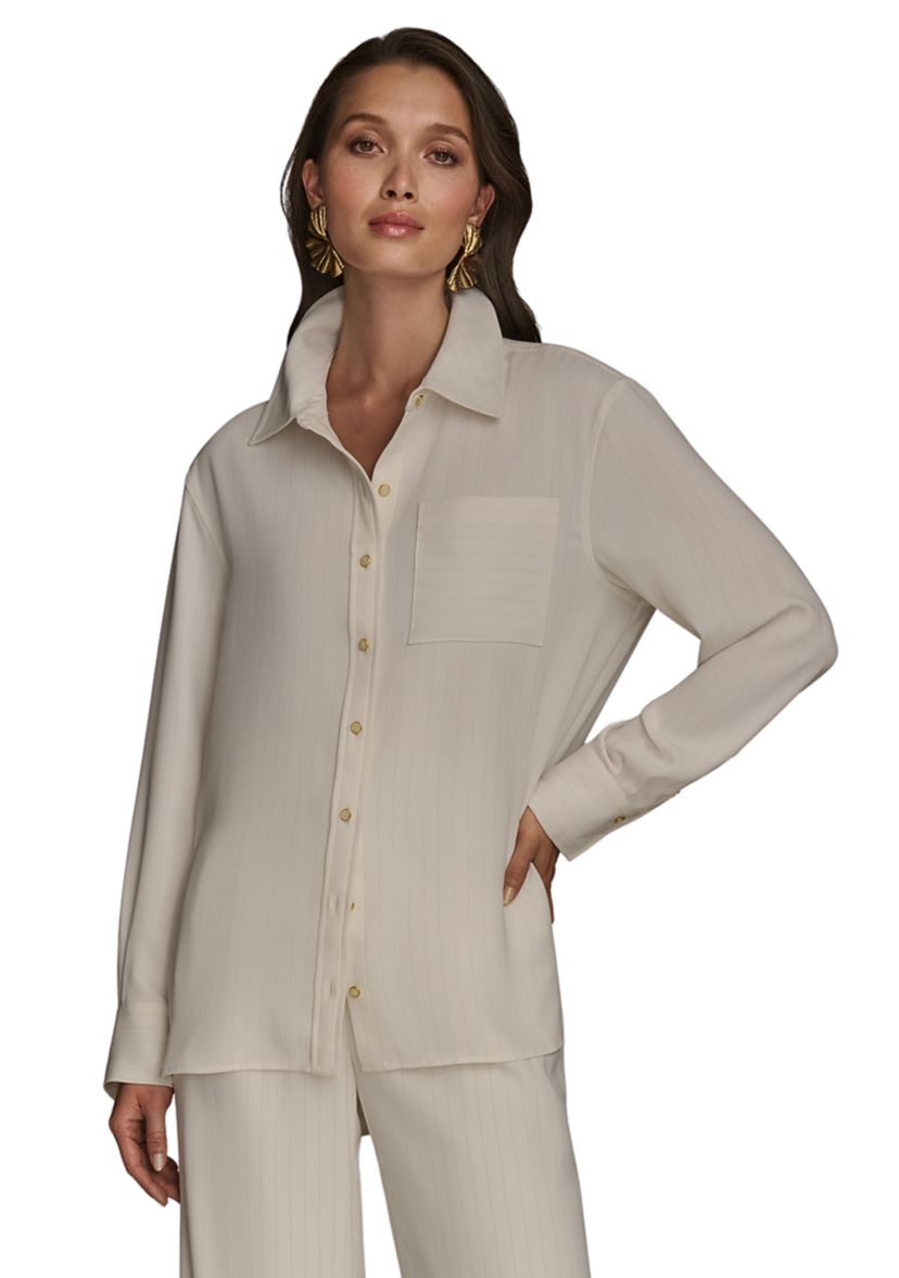 Womens Stripe Collared Button Down Blouse