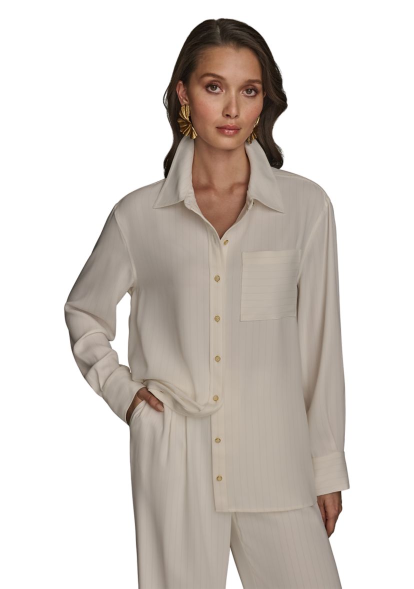 Womens Stripe Collared Button Down Blouse
