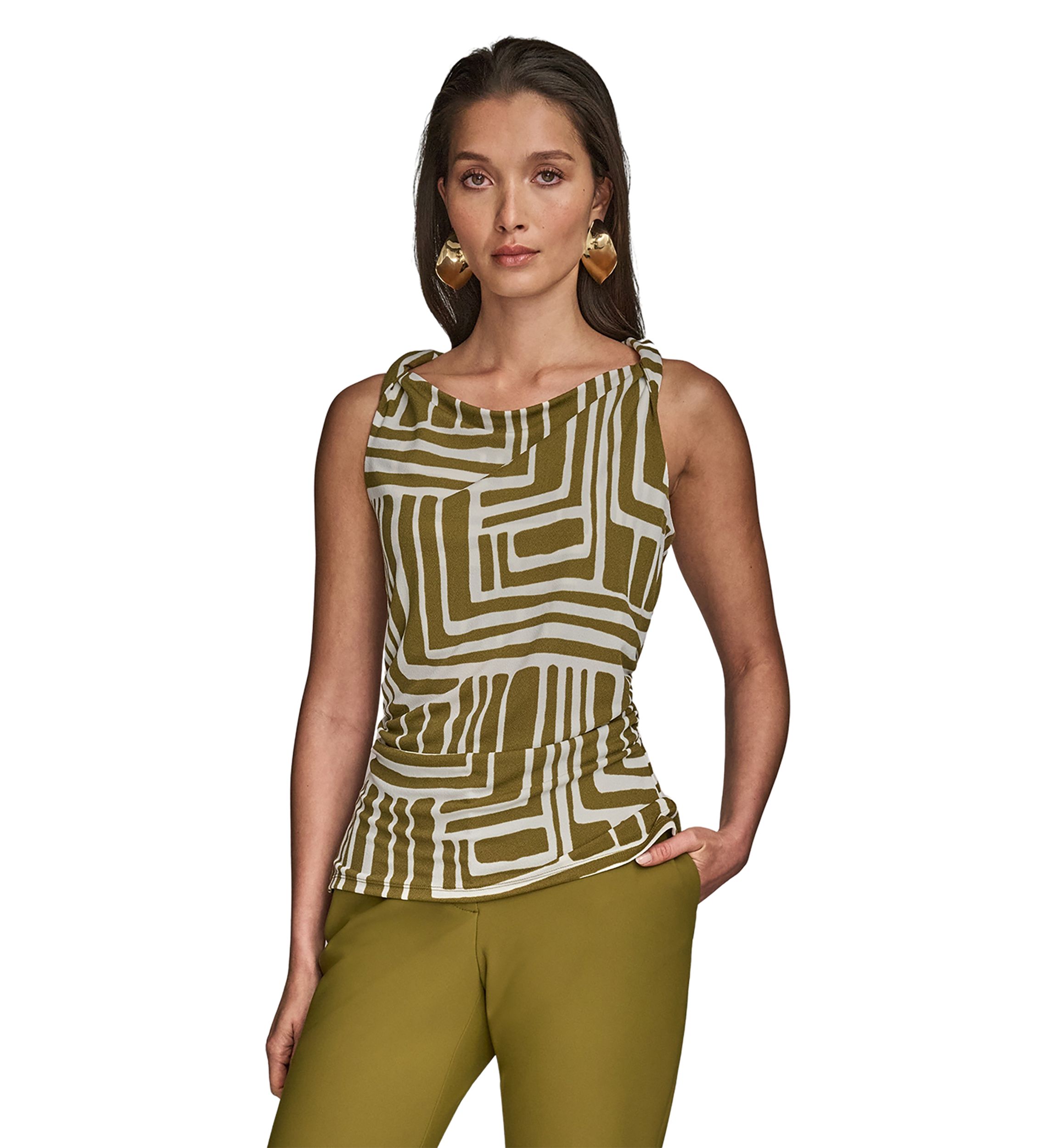 Womens Printed Twist Front Cowl Neck Top