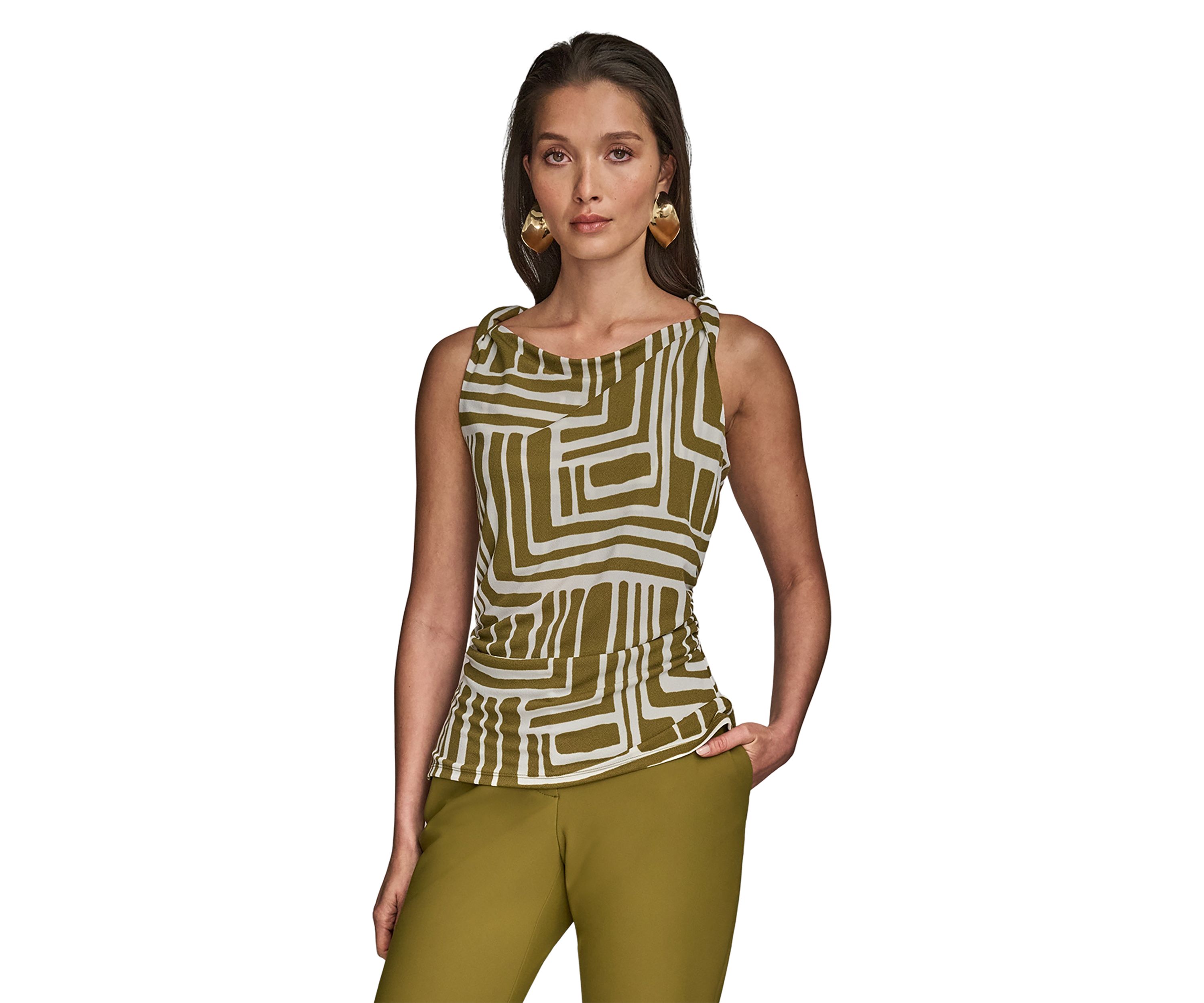 Womens Printed Twist Front Cowl Neck Top