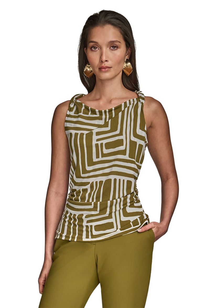 Womens Printed Twist Front Cowl Neck Top