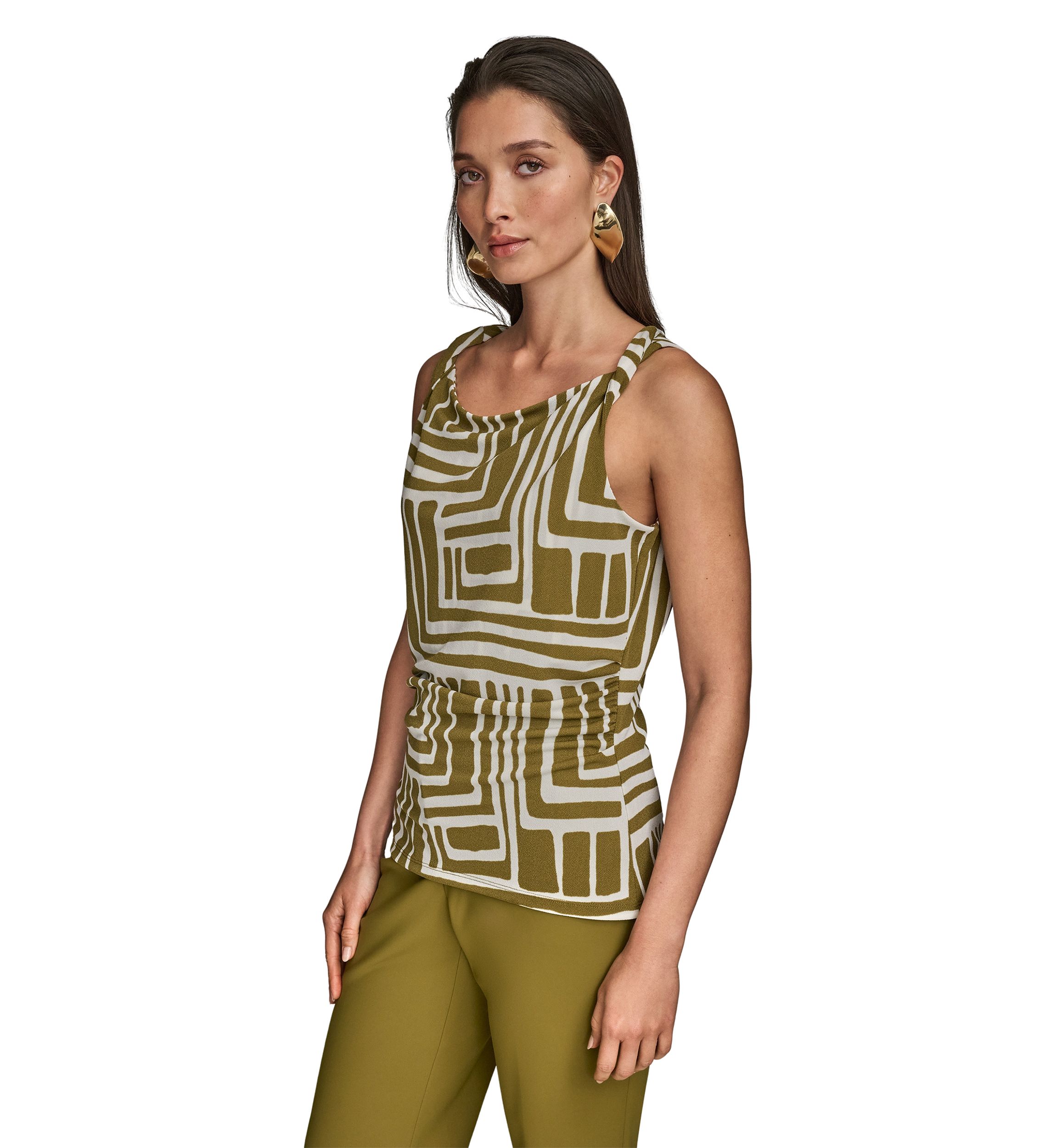 Womens Printed Twist Front Cowl Neck Top