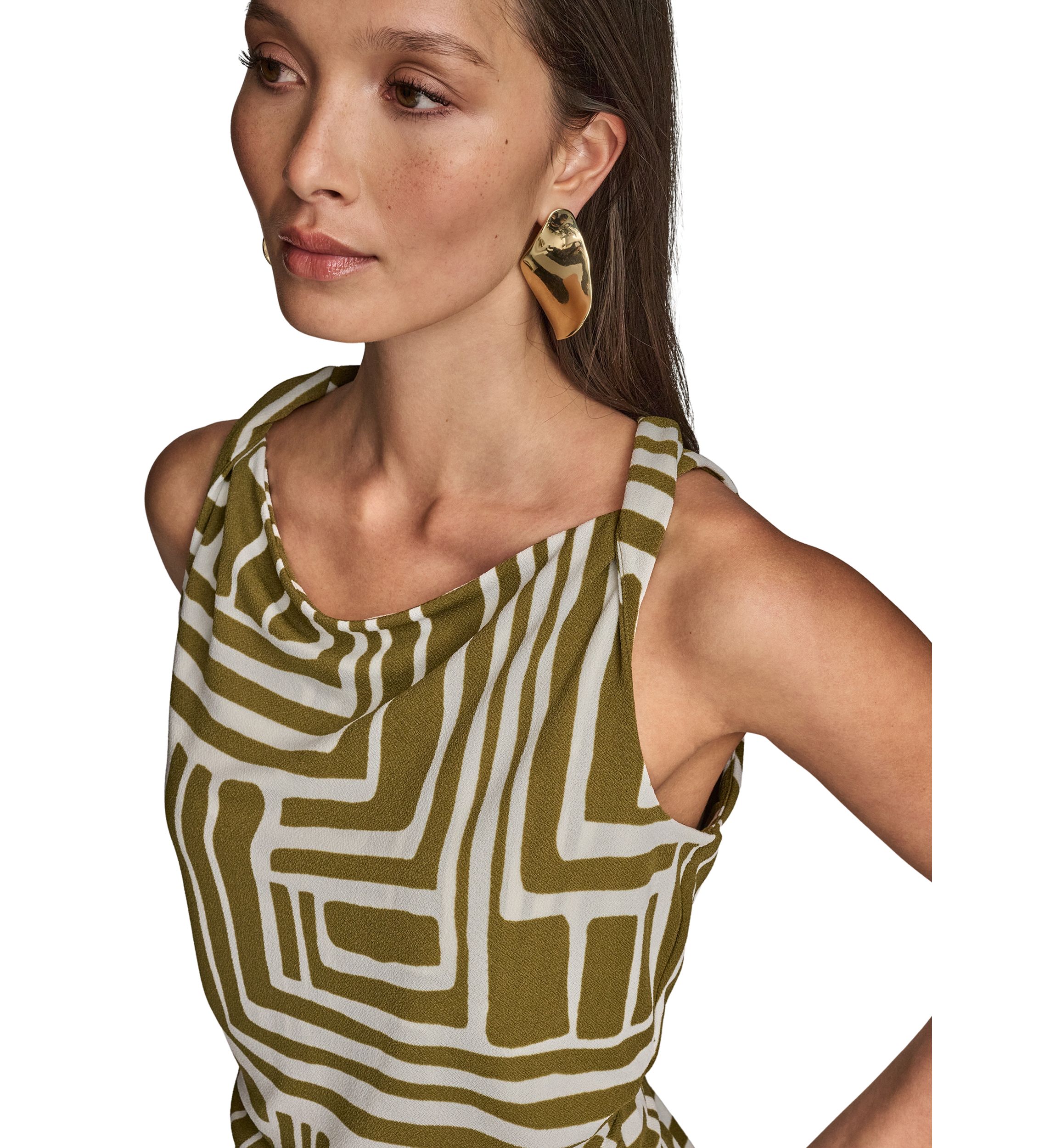 Womens Printed Twist Front Cowl Neck Top