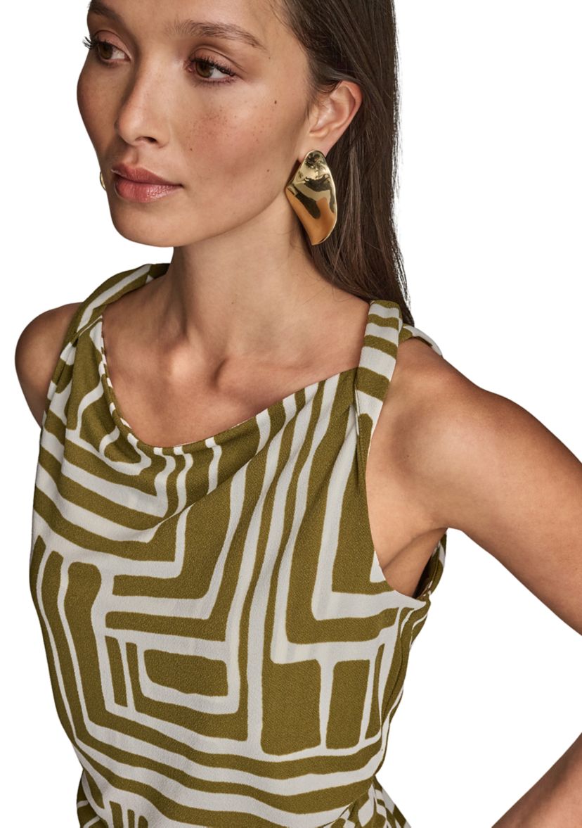 Womens Printed Twist Front Cowl Neck Top