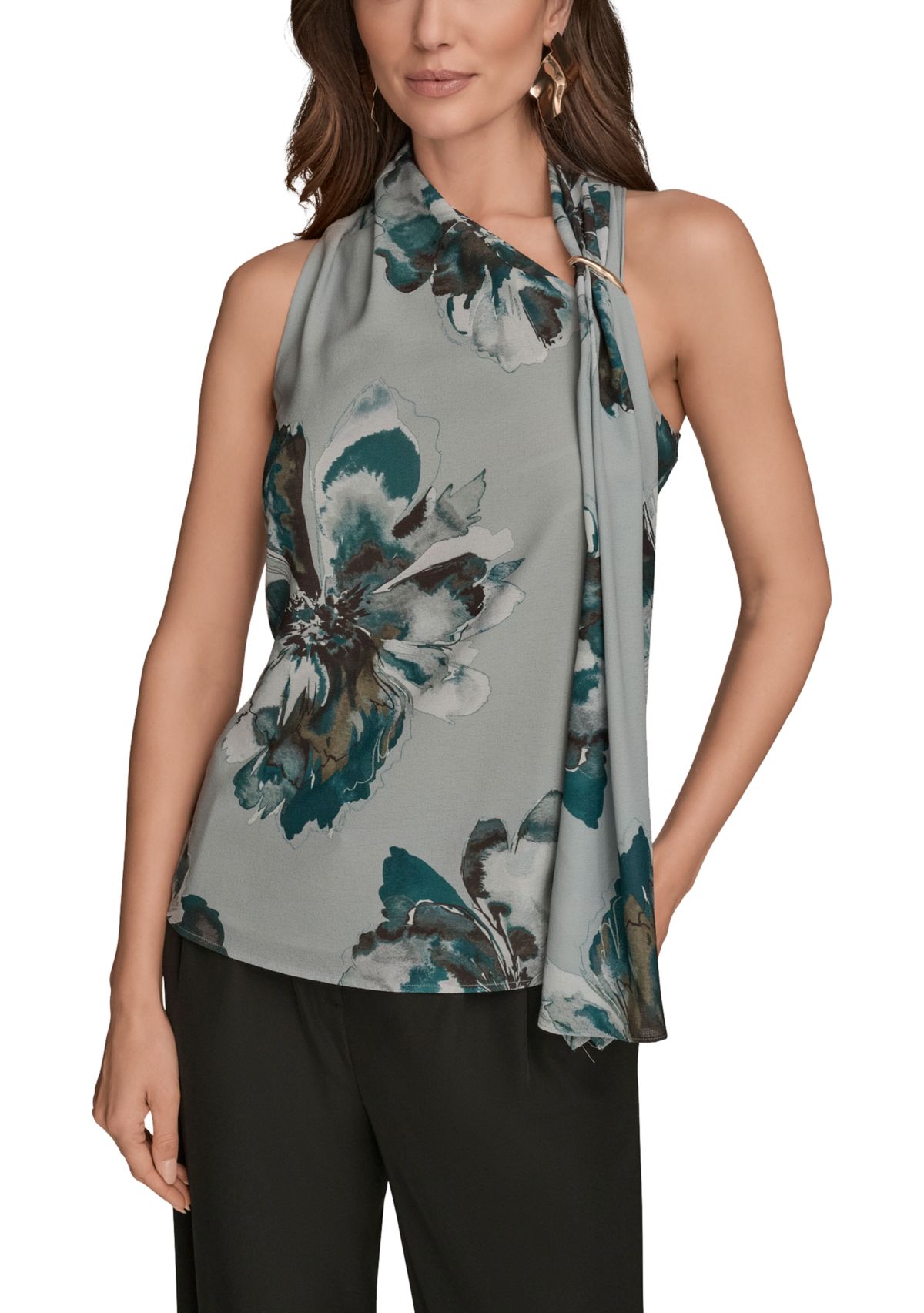 Womens Sleeveless Asymmetrical Neckline Blouse with Drapred Shoulder 