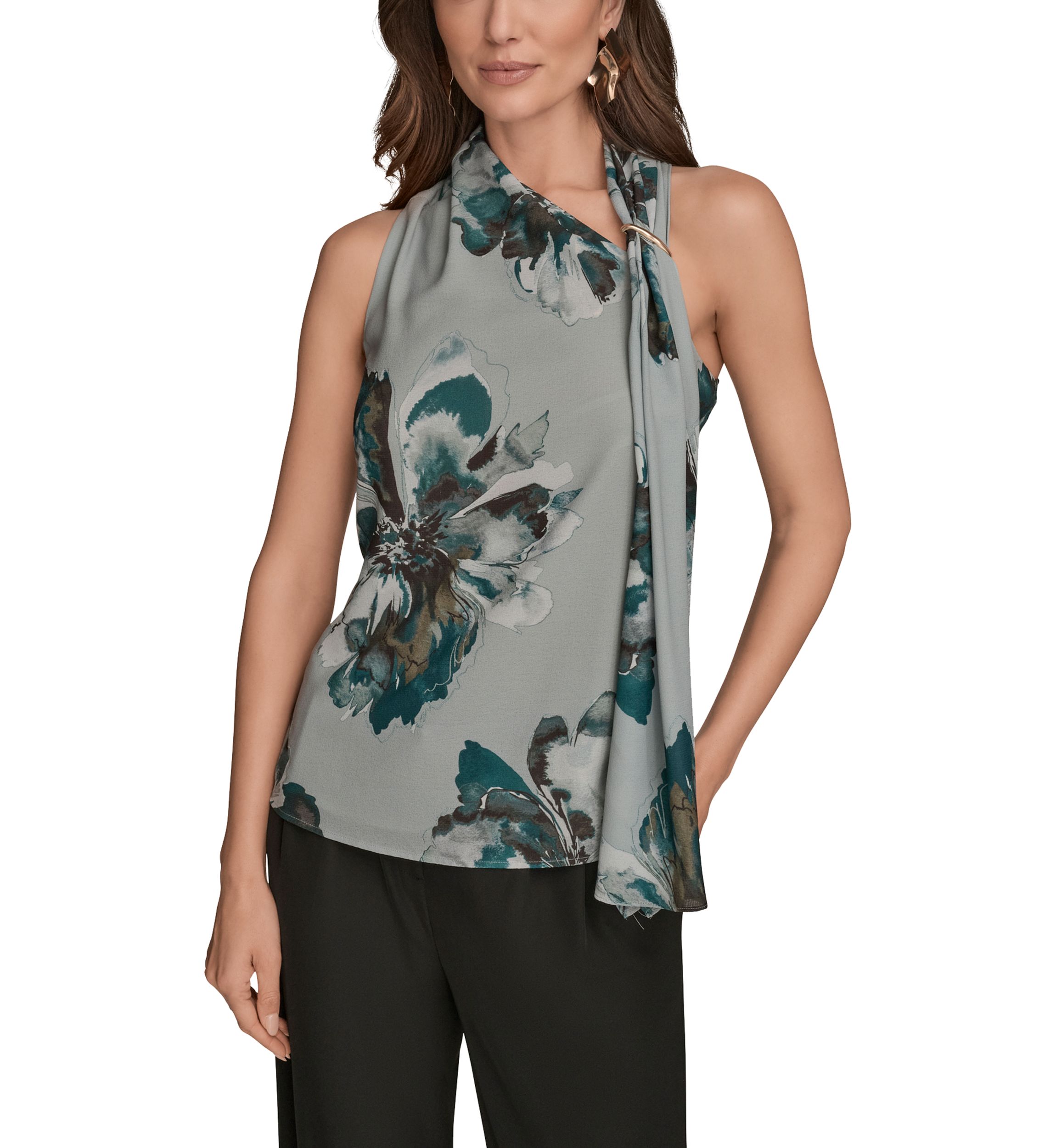Womens Sleeveless Asymmetrical Neckline Blouse with Drapred Shoulder 