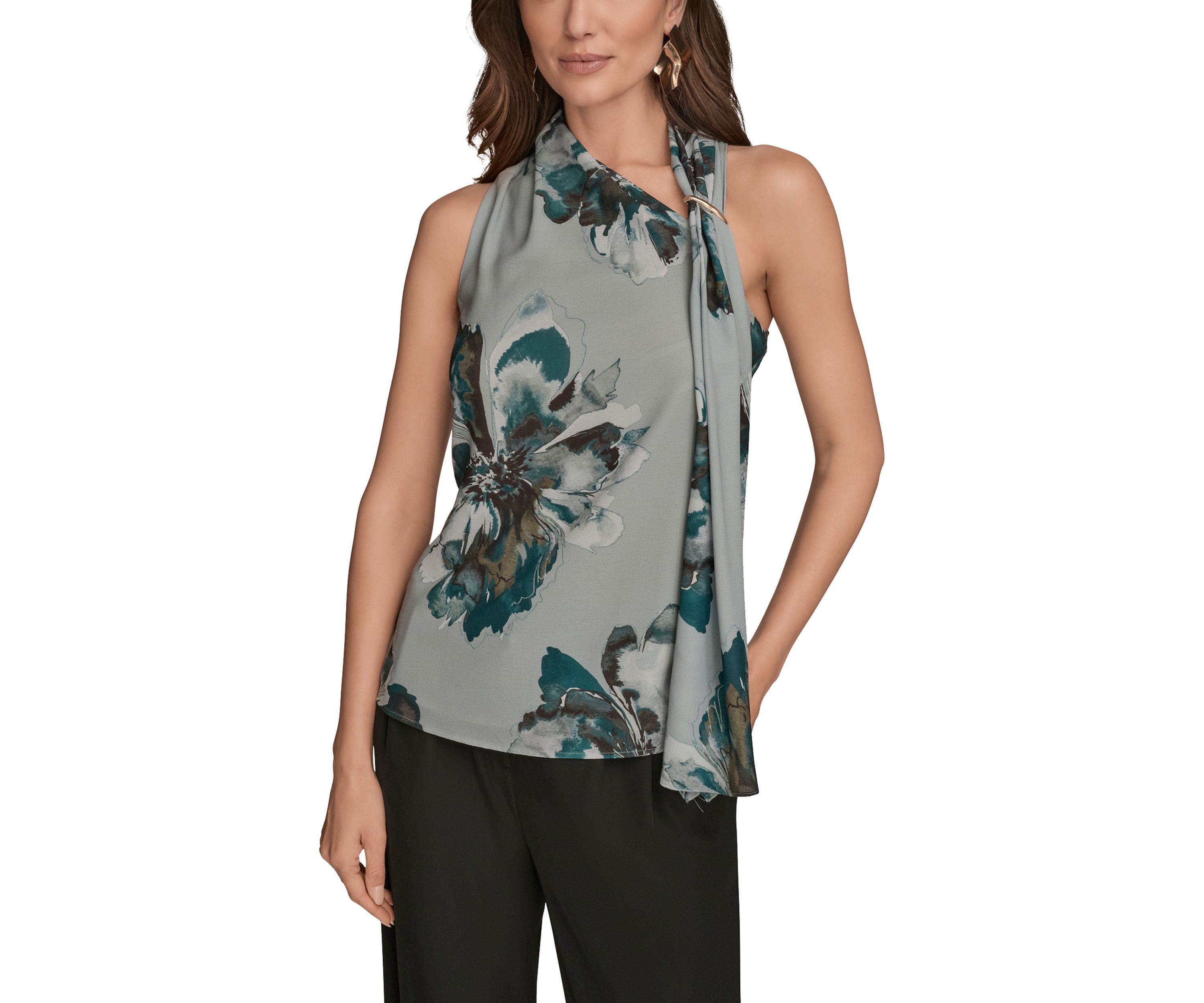 Womens Sleeveless Asymmetrical Neckline Blouse with Drapred Shoulder 