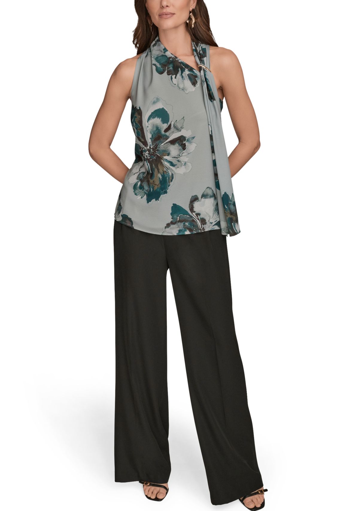 Womens Sleeveless Asymmetrical Neckline Blouse with Drapred Shoulder 