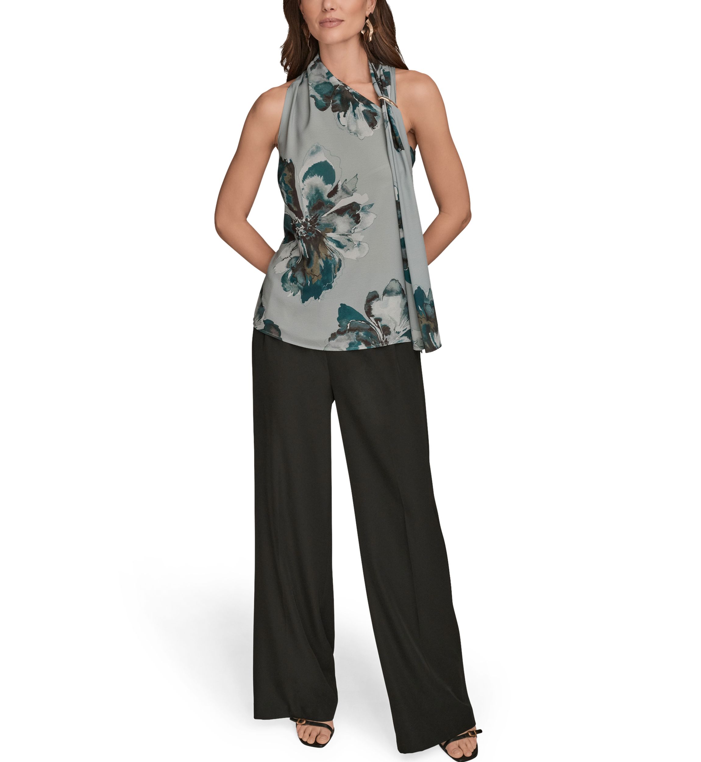 Womens Sleeveless Asymmetrical Neckline Blouse with Drapred Shoulder 