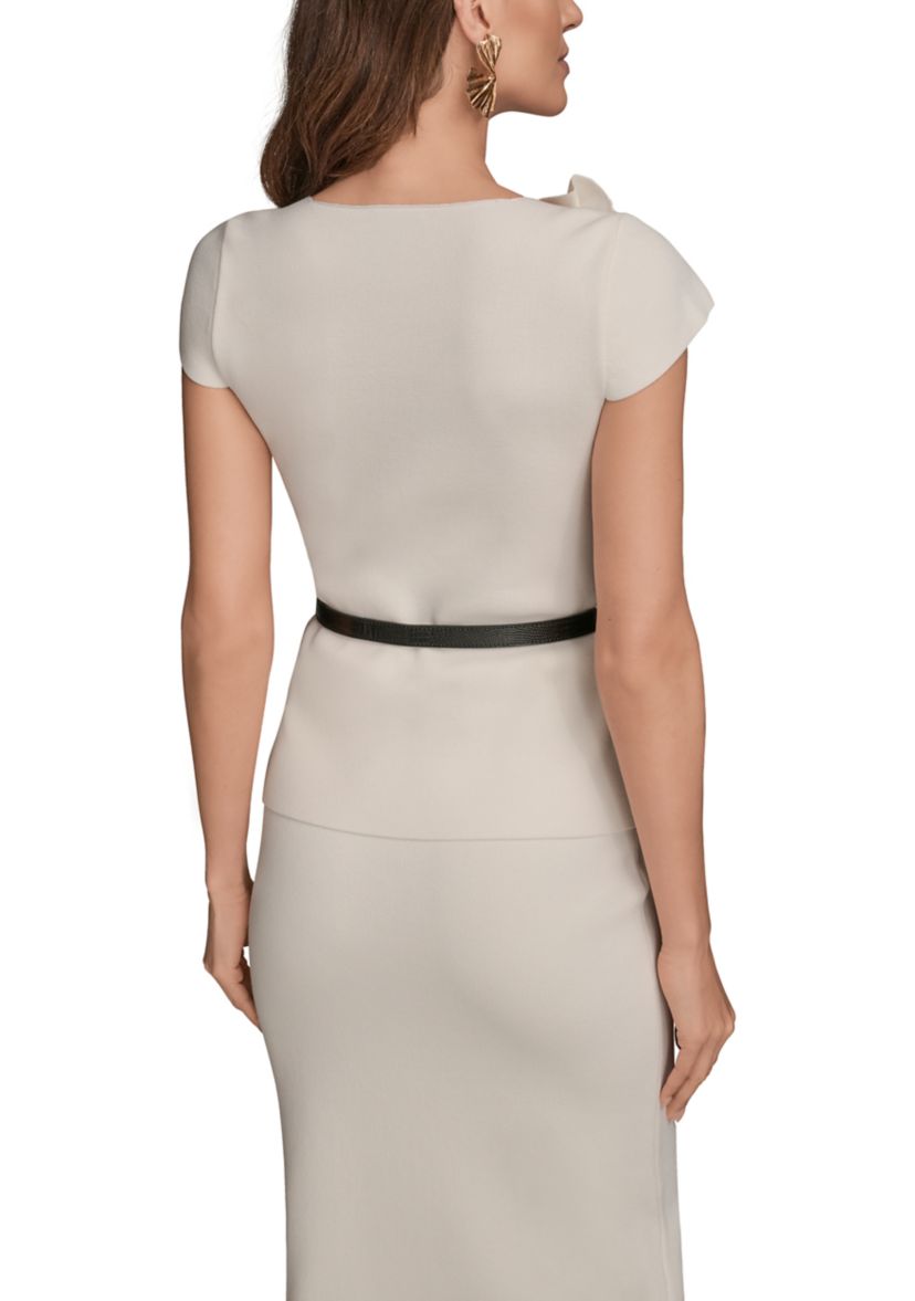 Womens Asymmetric Short Sleeve Belted Sweater