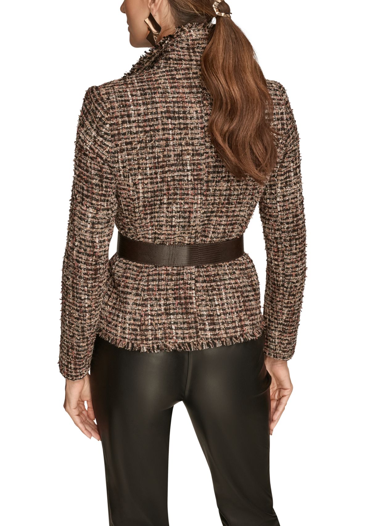 Womens Tweed Wide Lapel Belted Blazer