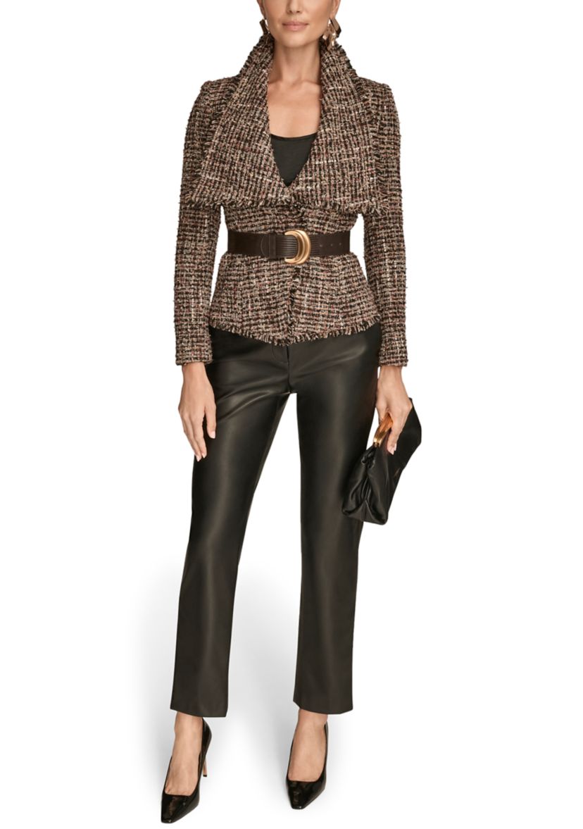 Womens Tweed Wide Lapel Belted Blazer