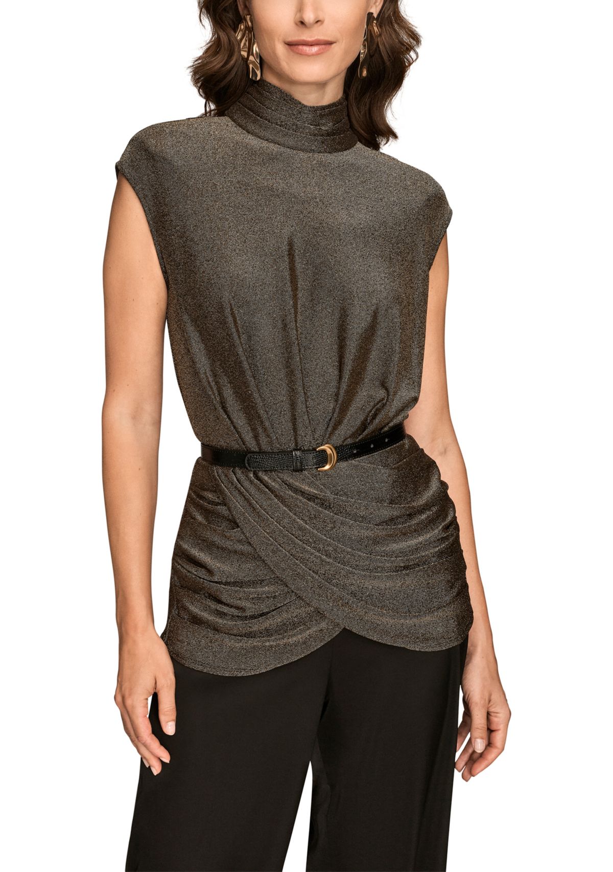 Womens Novelty Belted Mock Neck Top