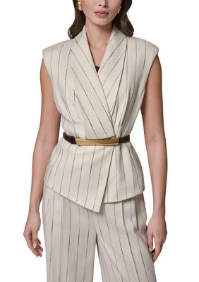 Donna Karan Women's Belted Strap Linen Shawl Collar Vest