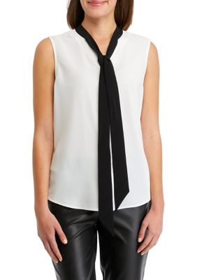 Women's Sleeveless Color Blocked Tie Neck Blouse