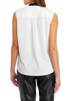 Women's Sleeveless Color Blocked Tie Neck Blouse