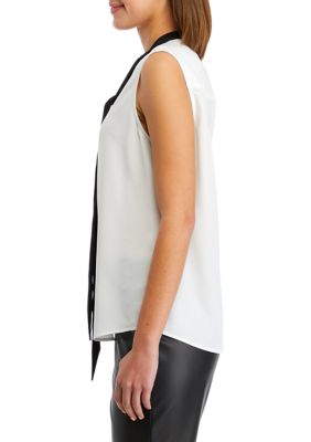 Women's Sleeveless Color Blocked Tie Neck Blouse