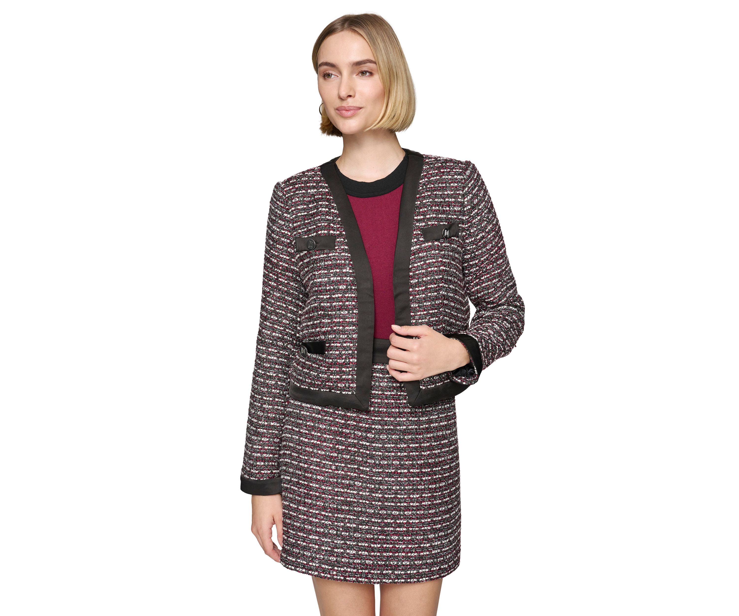 Womens Tweed Open Front Jacket with Contrast Trim