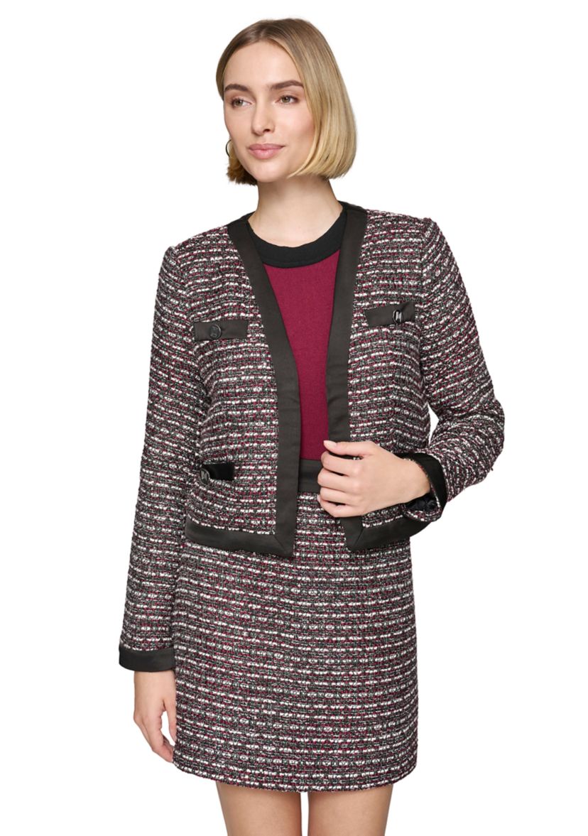 Womens Tweed Open Front Jacket with Contrast Trim