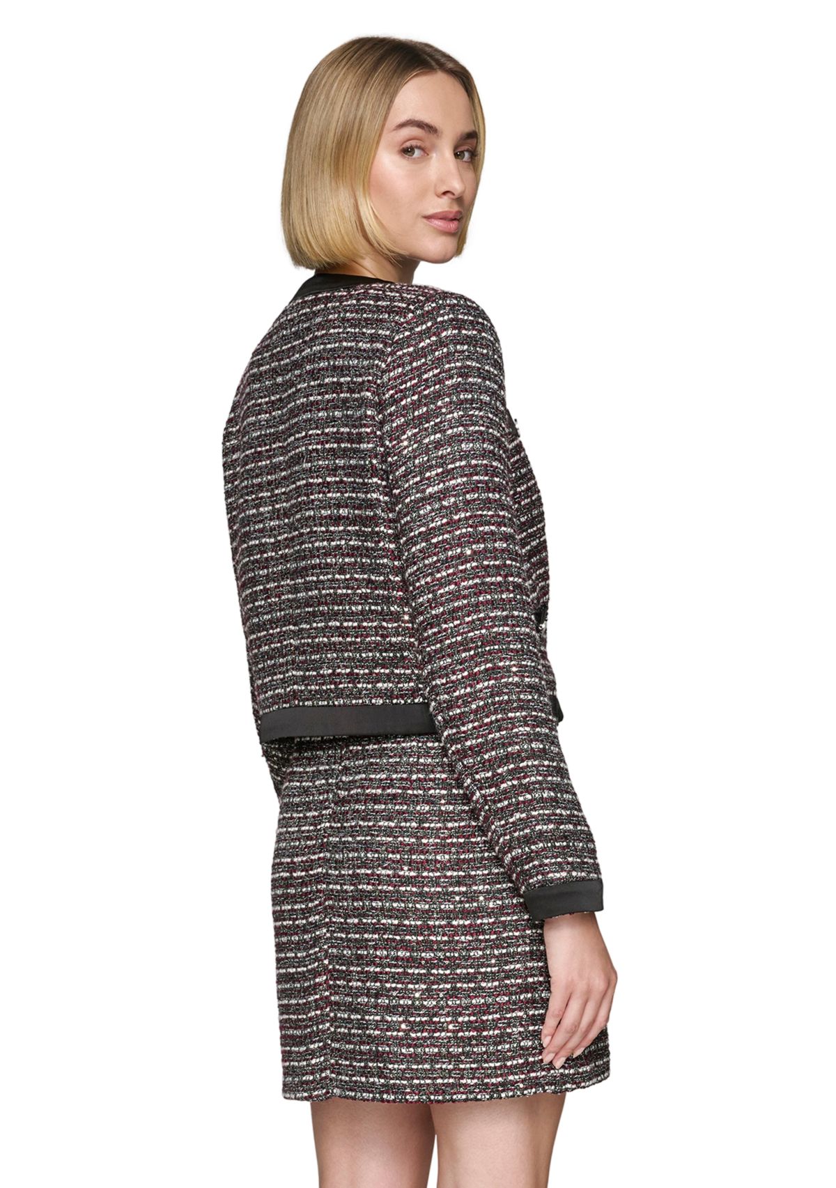 Womens Tweed Open Front Jacket with Contrast Trim